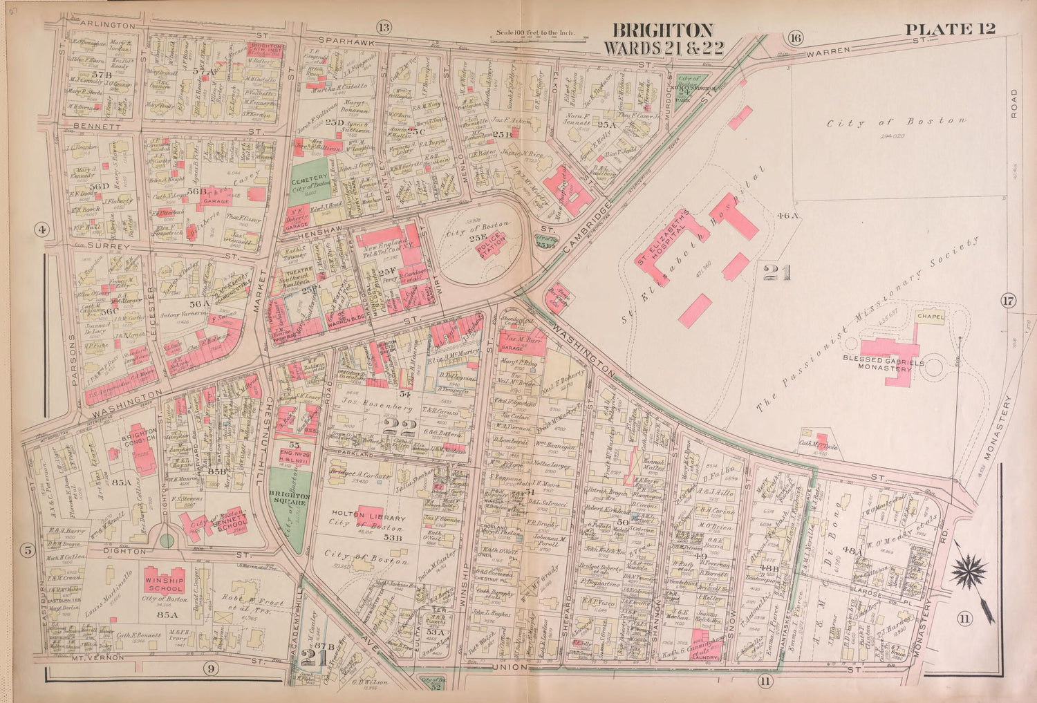 This old map of Part of Brighton, Wards 21 and 22  - Plate 12 from Atlas of the City of Boston, Brighton from 1925 was created by  G.W. Bromley &amp; Co in 1925