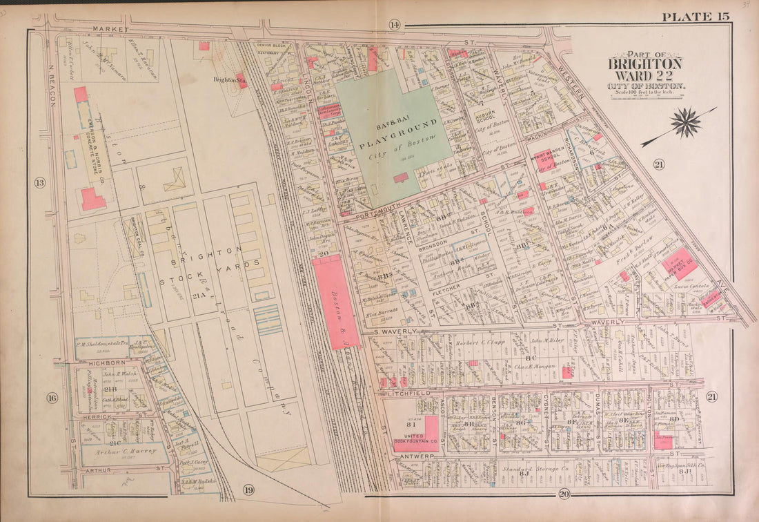 This old map of Part of Brighton, Wards 21 and 22  - Plate 15 from Atlas of the City of Boston, Brighton from 1925 was created by  G.W. Bromley &amp; Co in 1925