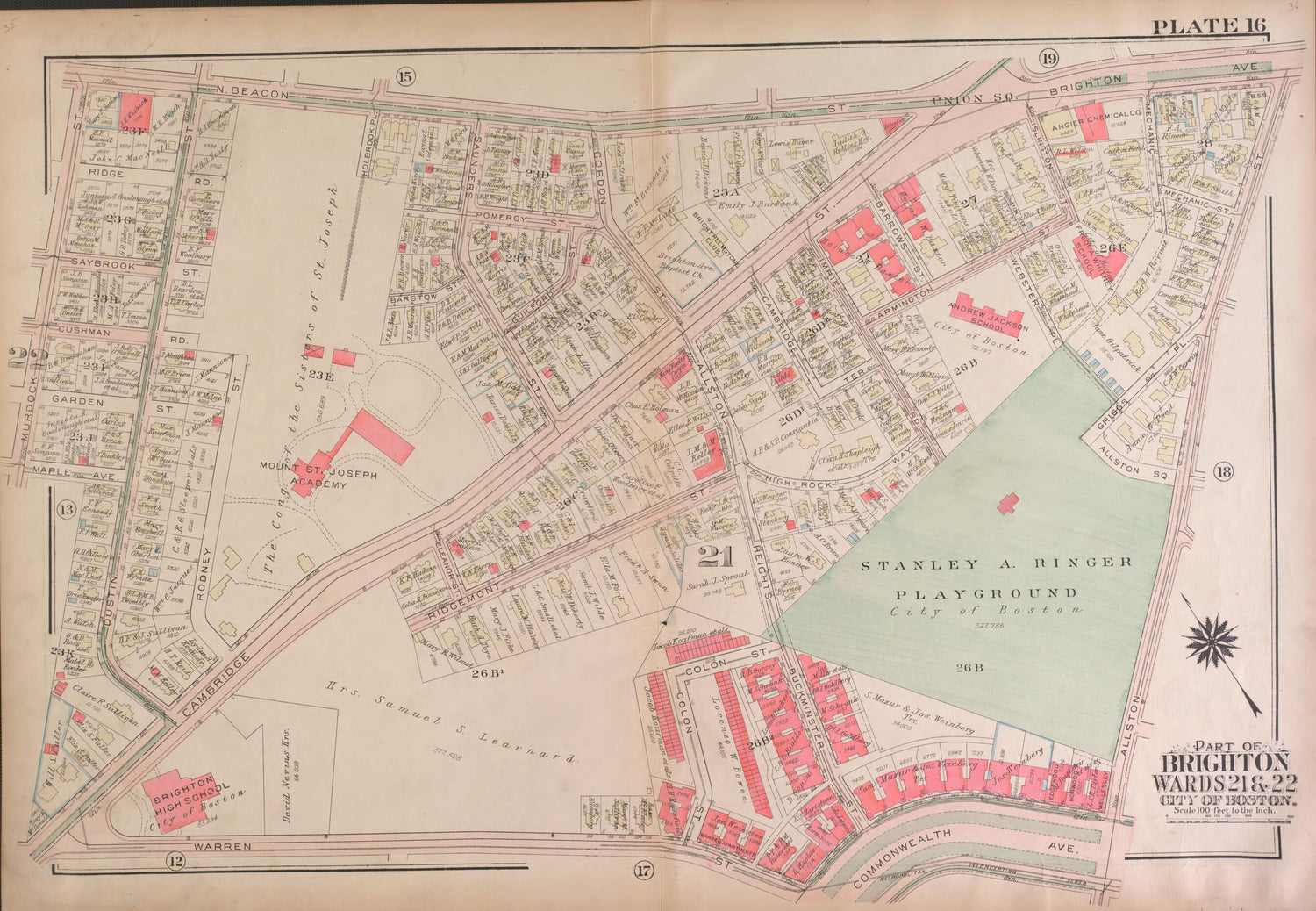 This old map of Part of Brighton, Wards 21 and 22  - Plate 16 from Atlas of the City of Boston, Brighton from 1925 was created by  G.W. Bromley &amp; Co in 1925