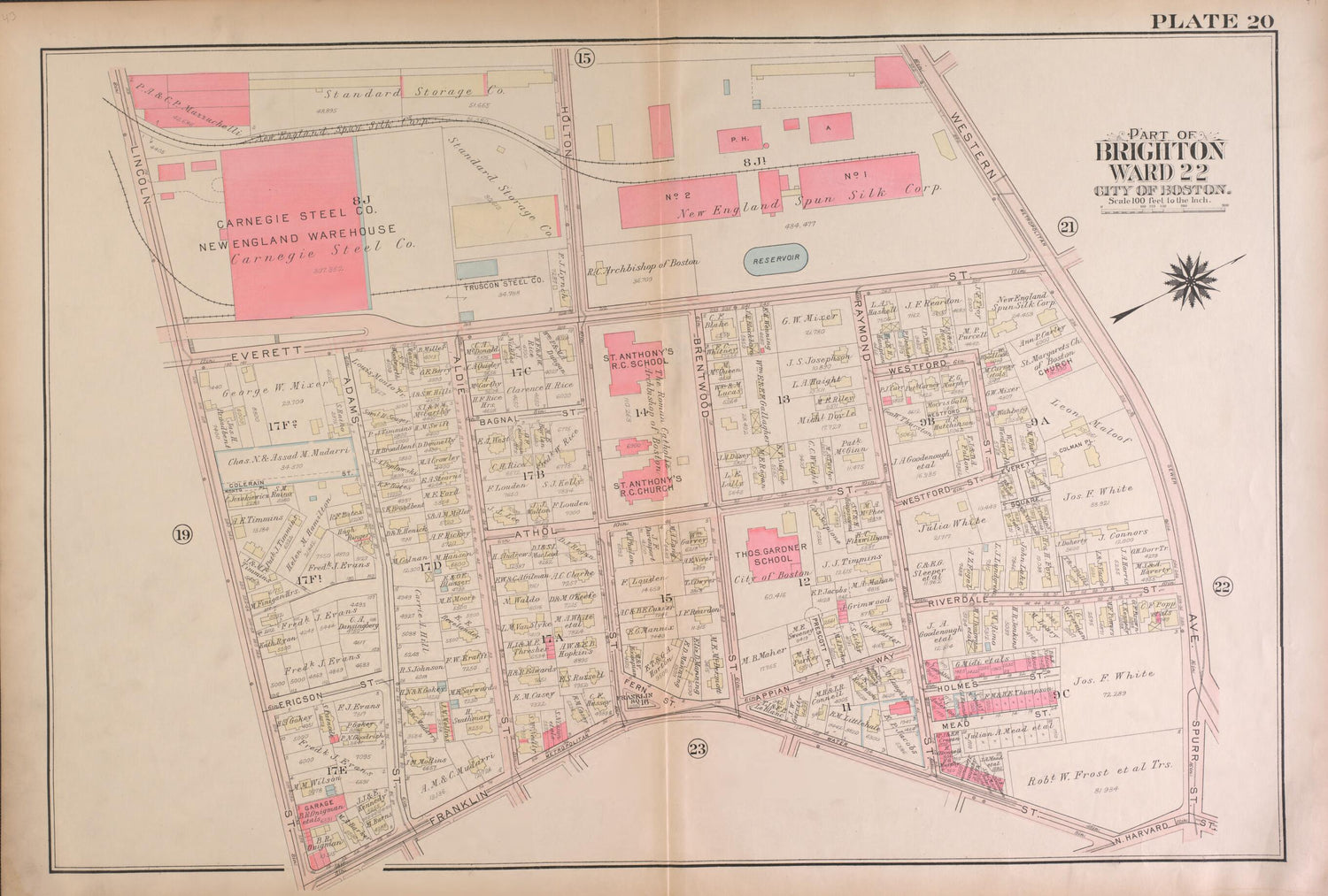 This old map of Part of Brighton, Wards 21 and 22  - Plate 20 from Atlas of the City of Boston, Brighton from 1925 was created by  G.W. Bromley &amp; Co in 1925