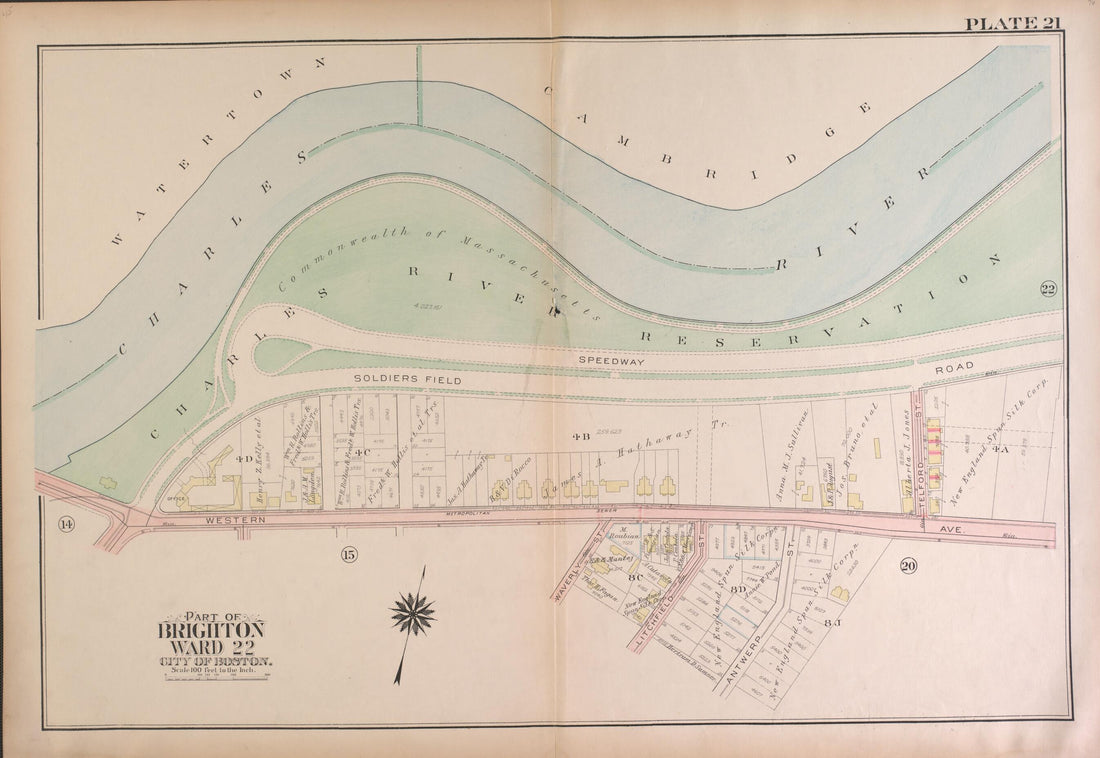 This old map of Part of Brighton, Wards 21 and 22  - Plate 21 from Atlas of the City of Boston, Brighton from 1925 was created by  G.W. Bromley &amp; Co in 1925