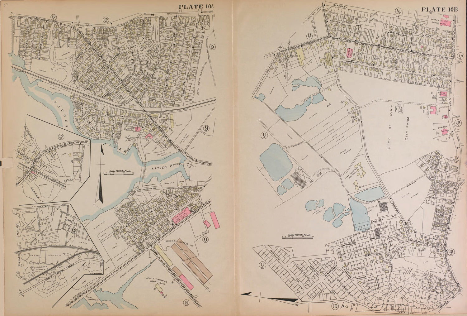 This old map of Lynn, Plate 10A and 10B from Atlas of the City of Lynn and the Towns of Swampscott, Saugus and Nahant, Massachusetts from 1924 was created by Harold H. (Harold Hazen) Richards in 1924