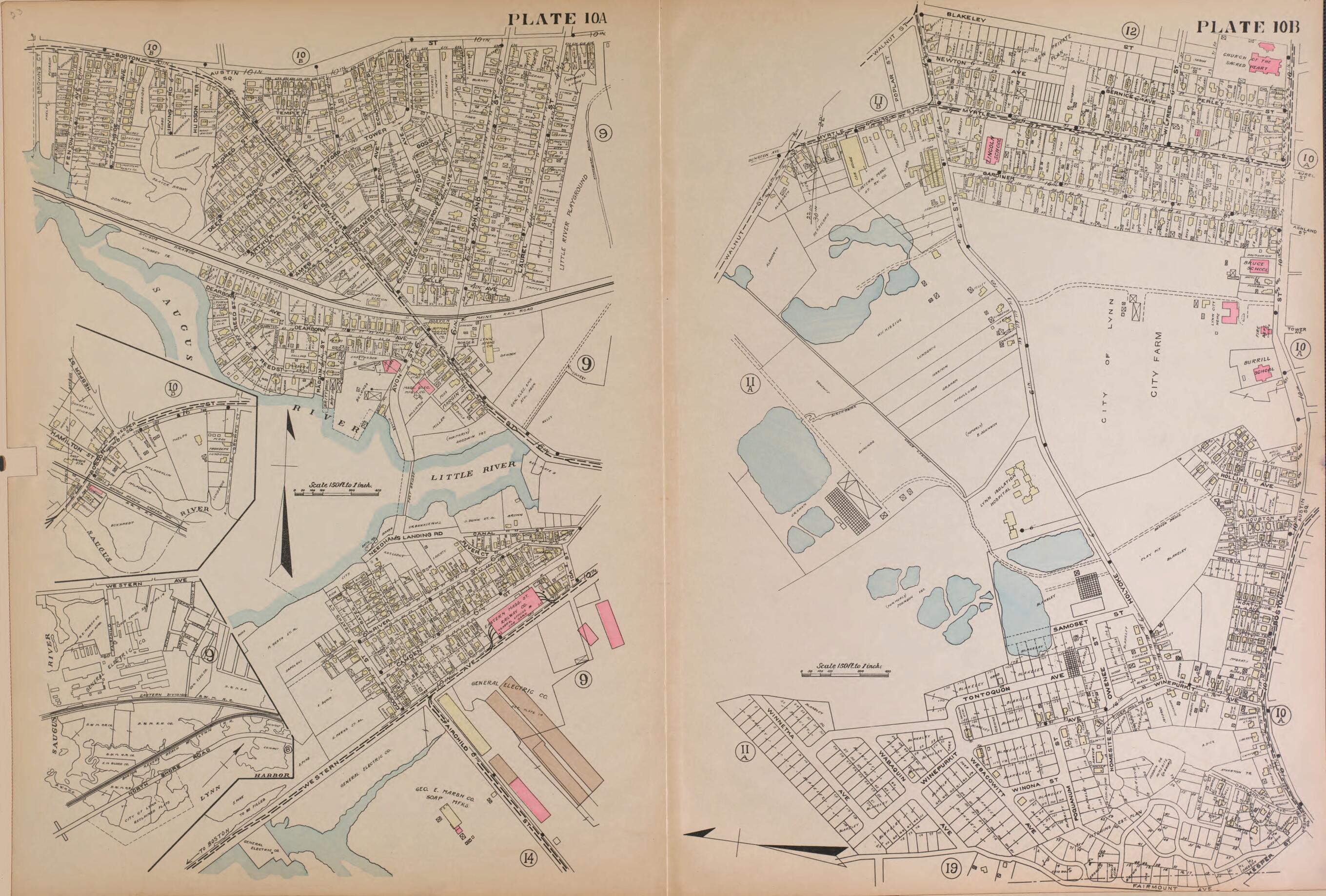 This old map of Lynn, Plate 10A and 10B from Atlas of the City of Lynn and the Towns of Swampscott, Saugus and Nahant, Massachusetts from 1924 was created by Harold H. (Harold Hazen) Richards in 1924