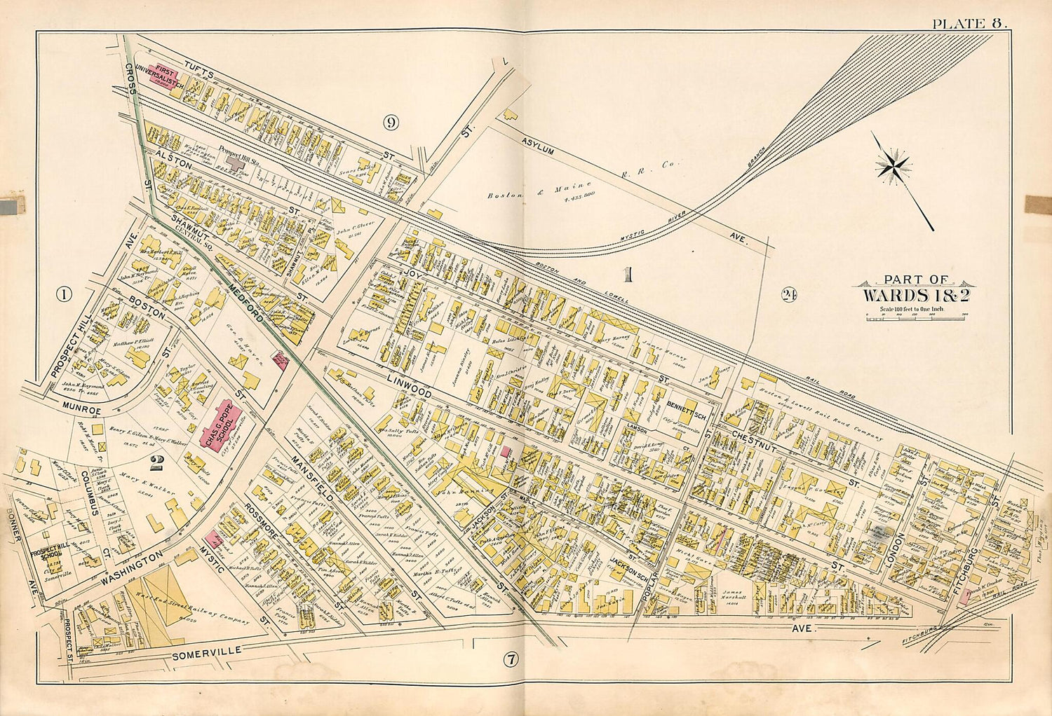 This old map of Part of Wards 1 &amp; 2 - Plate 8 from Atlas of the City of Somerville, Massachusetts from 1895 was created by  G.W. Bromley &amp; Co in 1895