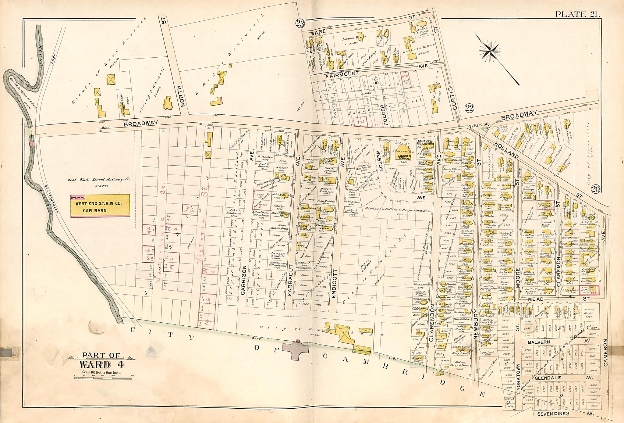 This old map of Part of Ward 4 - Plate 21 from Atlas of the City of Somerville, Massachusetts from 1895 was created by  G.W. Bromley &amp; Co in 1895