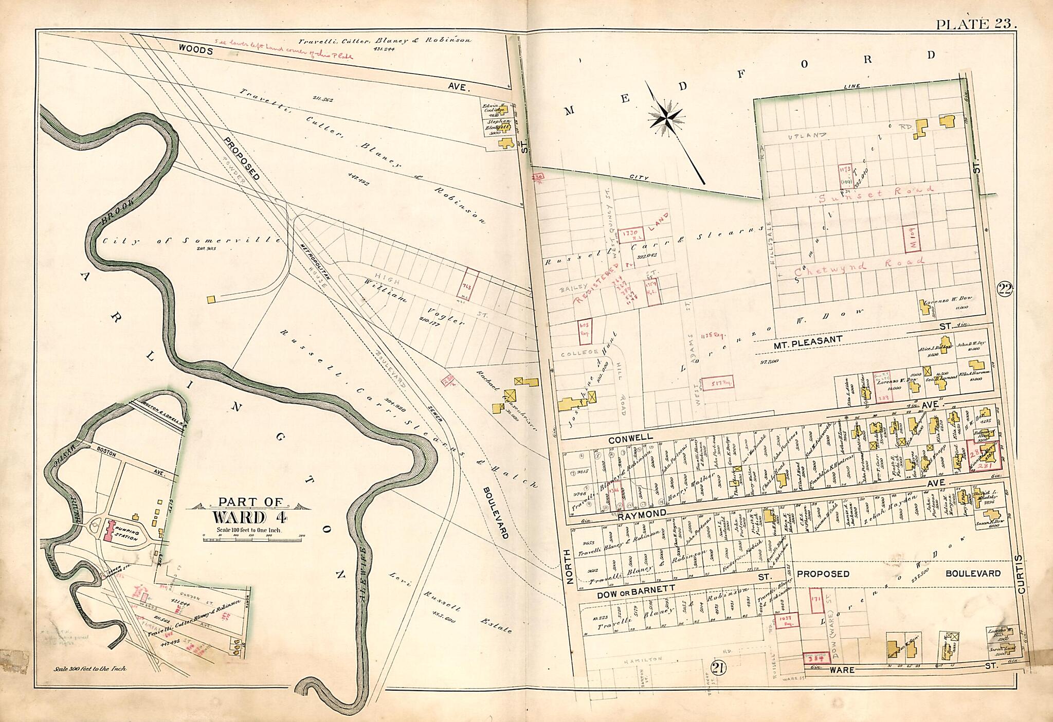 This old map of Part of Ward 4 - Plate 23 from Atlas of the City of Somerville, Massachusetts from 1895 was created by  G.W. Bromley &amp; Co in 1895