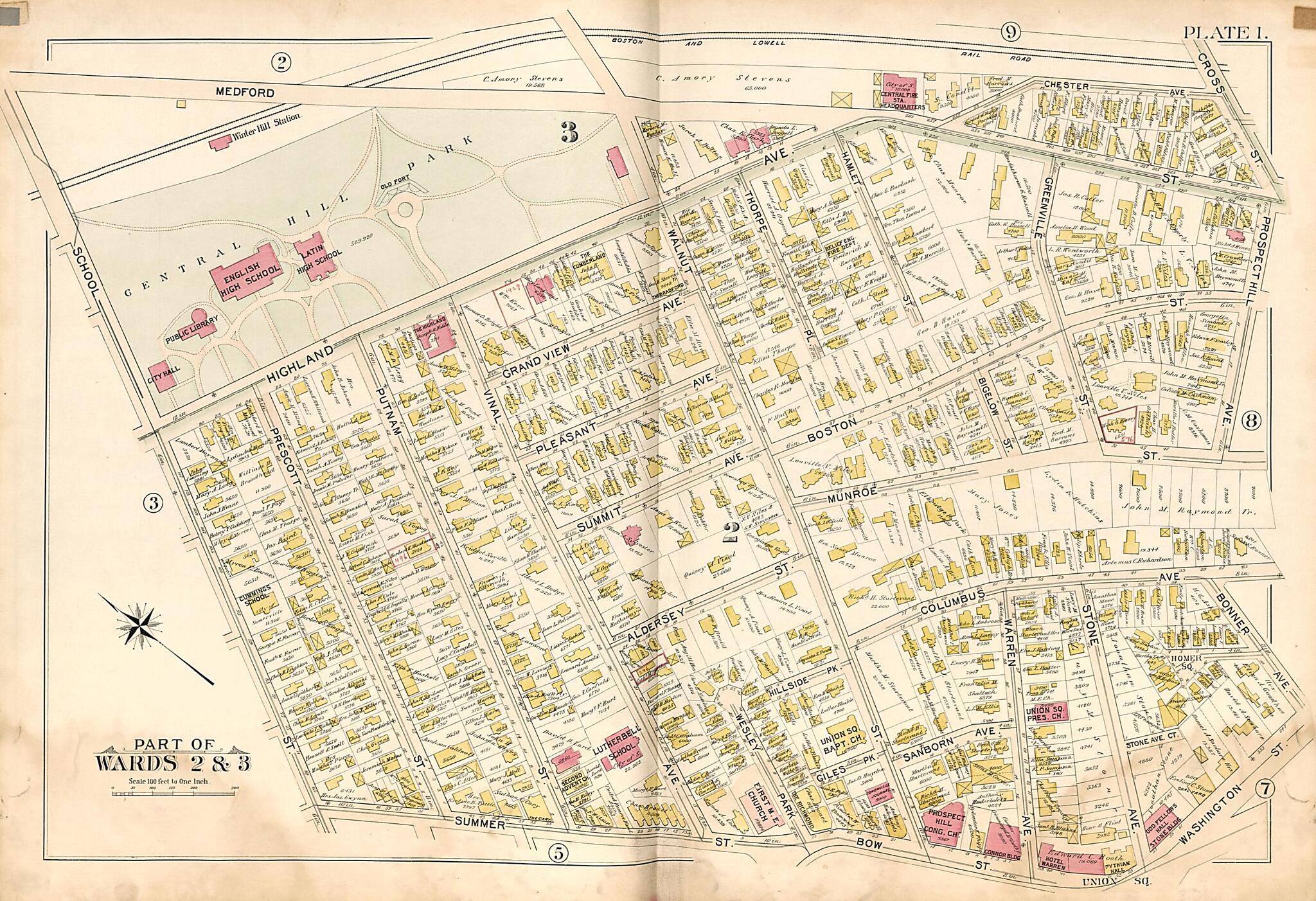 This old map of Part of Wards 2 &amp; 3 - Plate 1 from Atlas of the City of Somerville, Massachusetts from 1895 was created by  G.W. Bromley &amp; Co in 1895