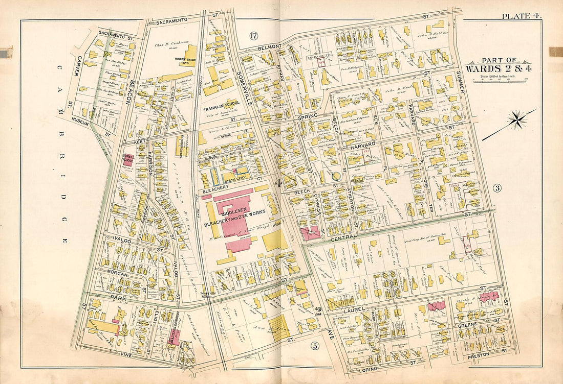 This old map of Part of Wards 2 &amp; 4 - Plate 4 from Atlas of the City of Somerville, Massachusetts from 1895 was created by  G.W. Bromley &amp; Co in 1895