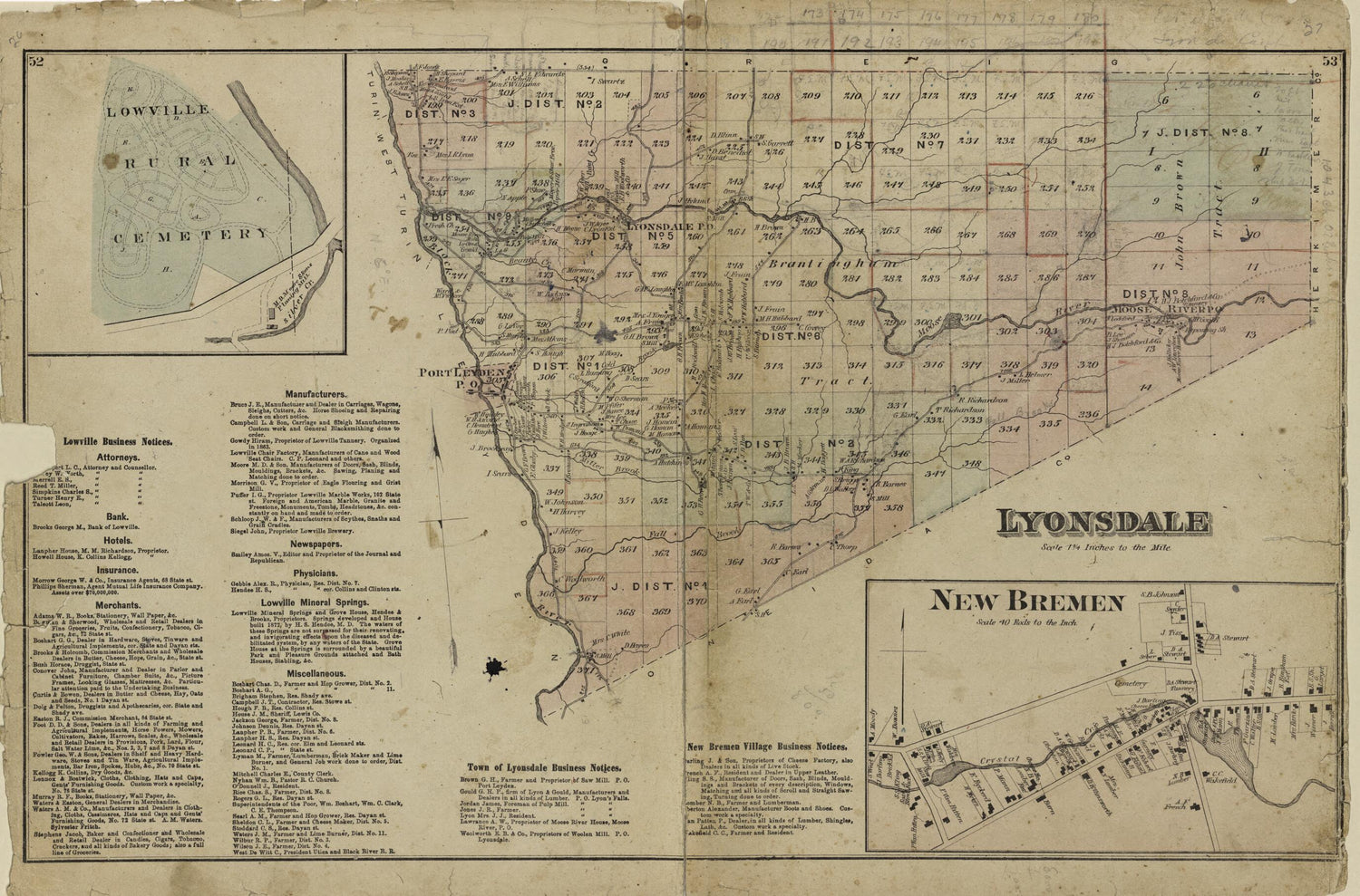 This old map of Lyonsdale; New Bremen from Atlas of Lewis County, New York from 1875 was created by  Worley &amp; Bracher in 1875