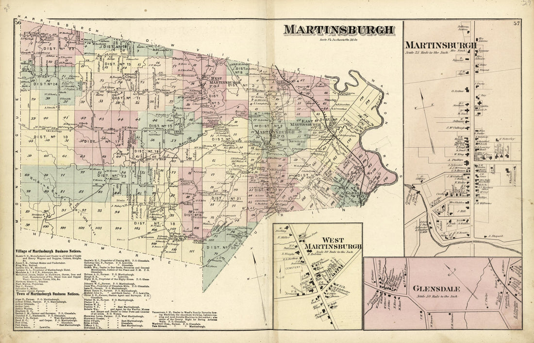 This old map of Martinsburgh; Glensdale; West Martinsburgh from Atlas of Lewis County, New York from 1875 was created by  Worley &amp; Bracher in 1875