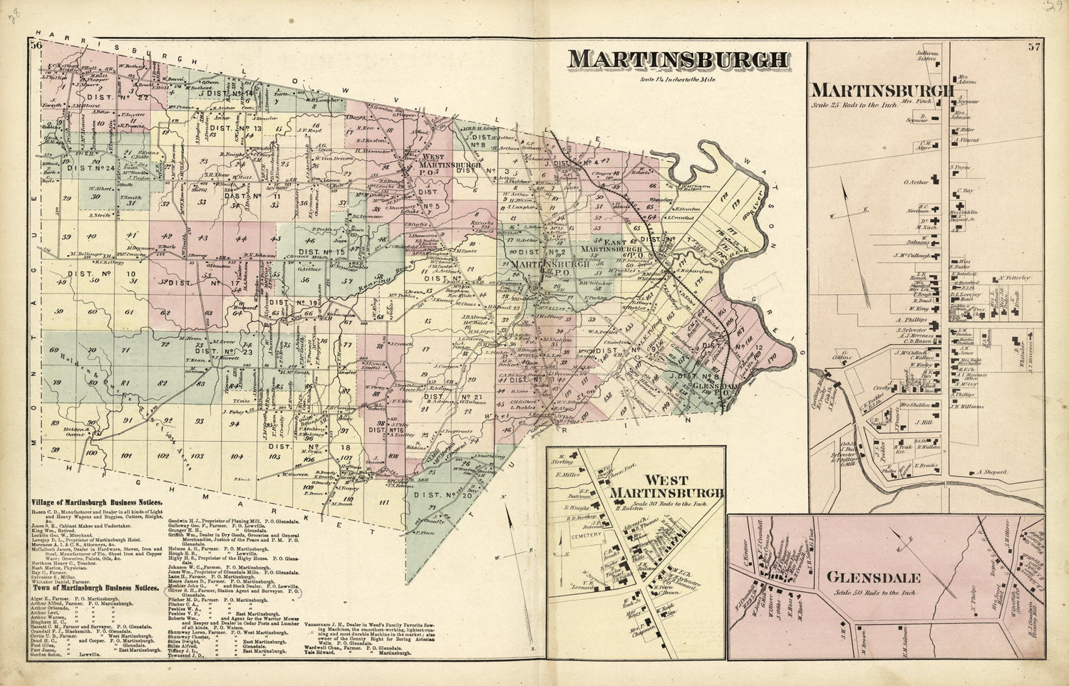 This old map of Martinsburgh; Glensdale; West Martinsburgh from Atlas of Lewis County, New York from 1875 was created by  Worley &amp; Bracher in 1875