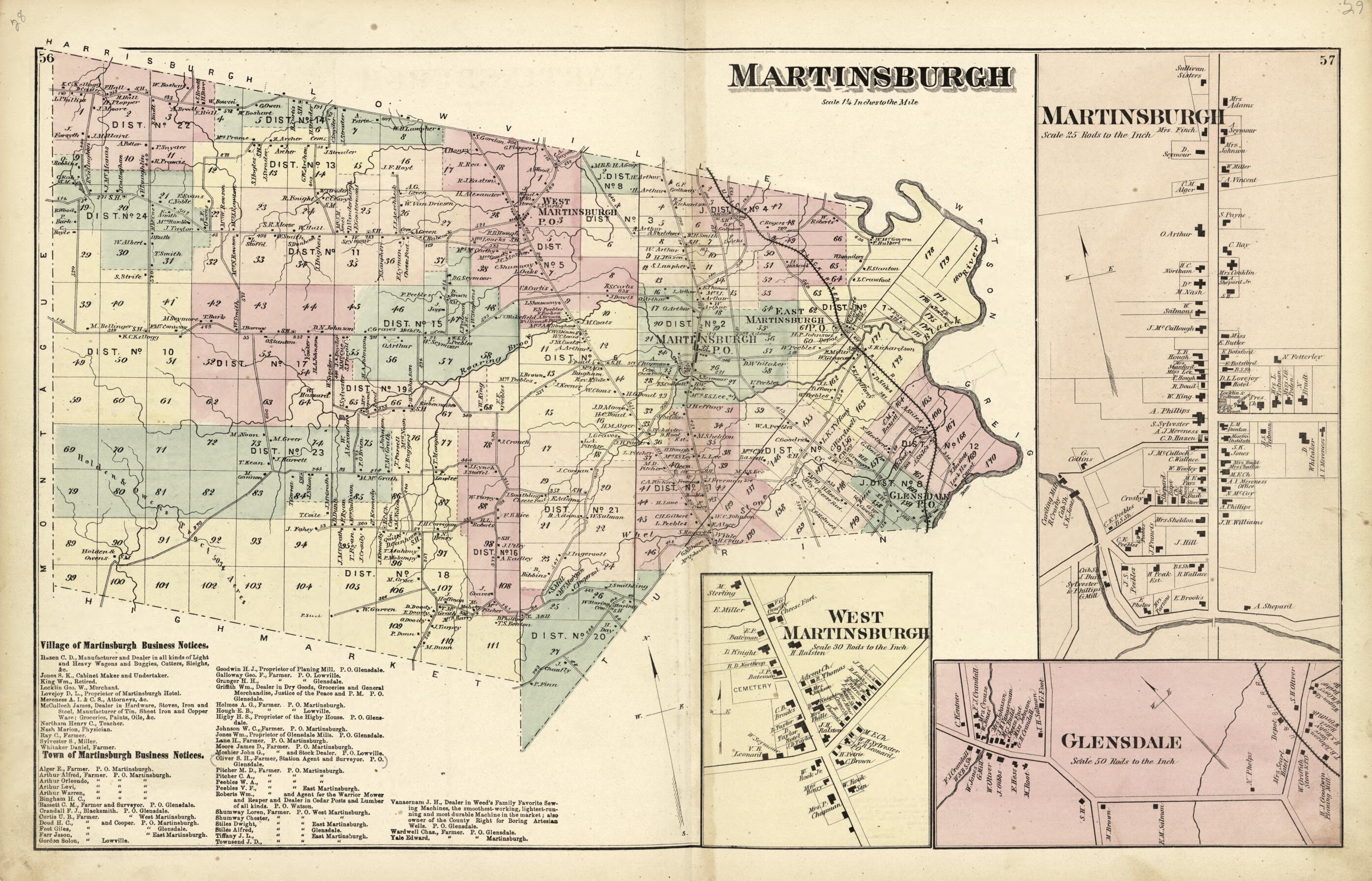 This old map of Martinsburgh; Glensdale; West Martinsburgh from Atlas of Lewis County, New York from 1875 was created by  Worley &amp; Bracher in 1875