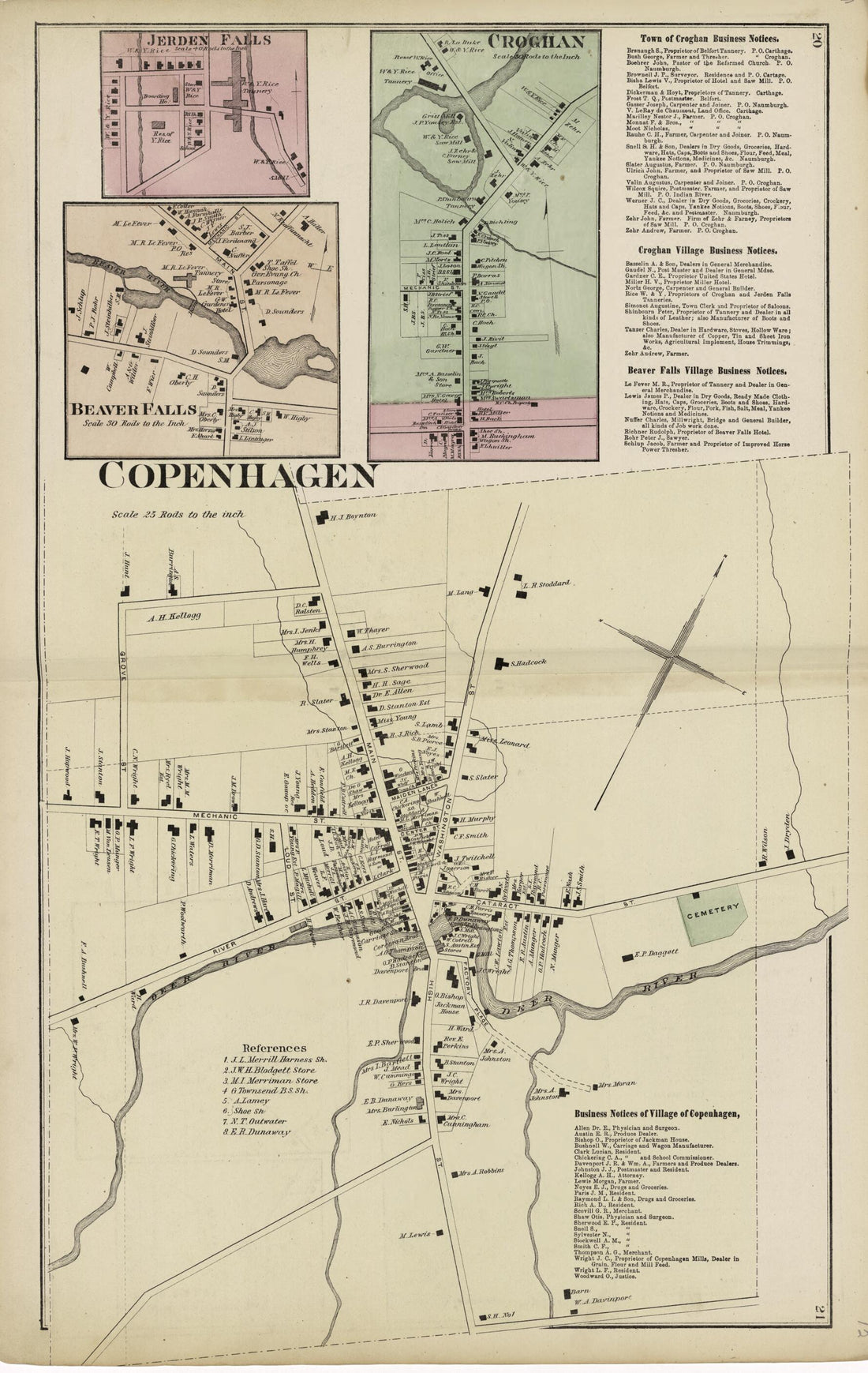 This old map of Copenhagen; Croghan; Beaver Falls; Jerden Falls from Atlas of Lewis County, New York from 1875 was created by  Worley &amp; Bracher in 1875