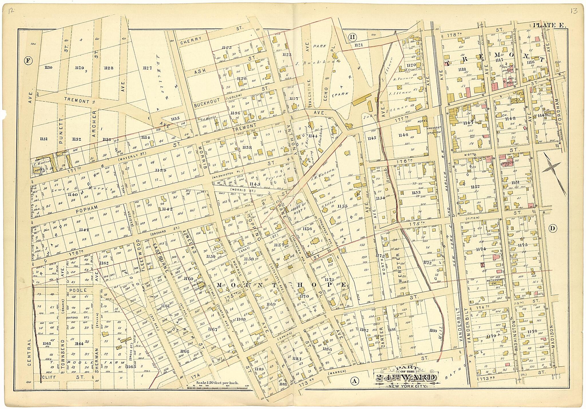 This old map of Part of the 24th Ward New York City - Plate E from Atlas of the Twenty Fourth Ward, New York City from 1882 was created by A. H. (August H.) Mueller in 1882
