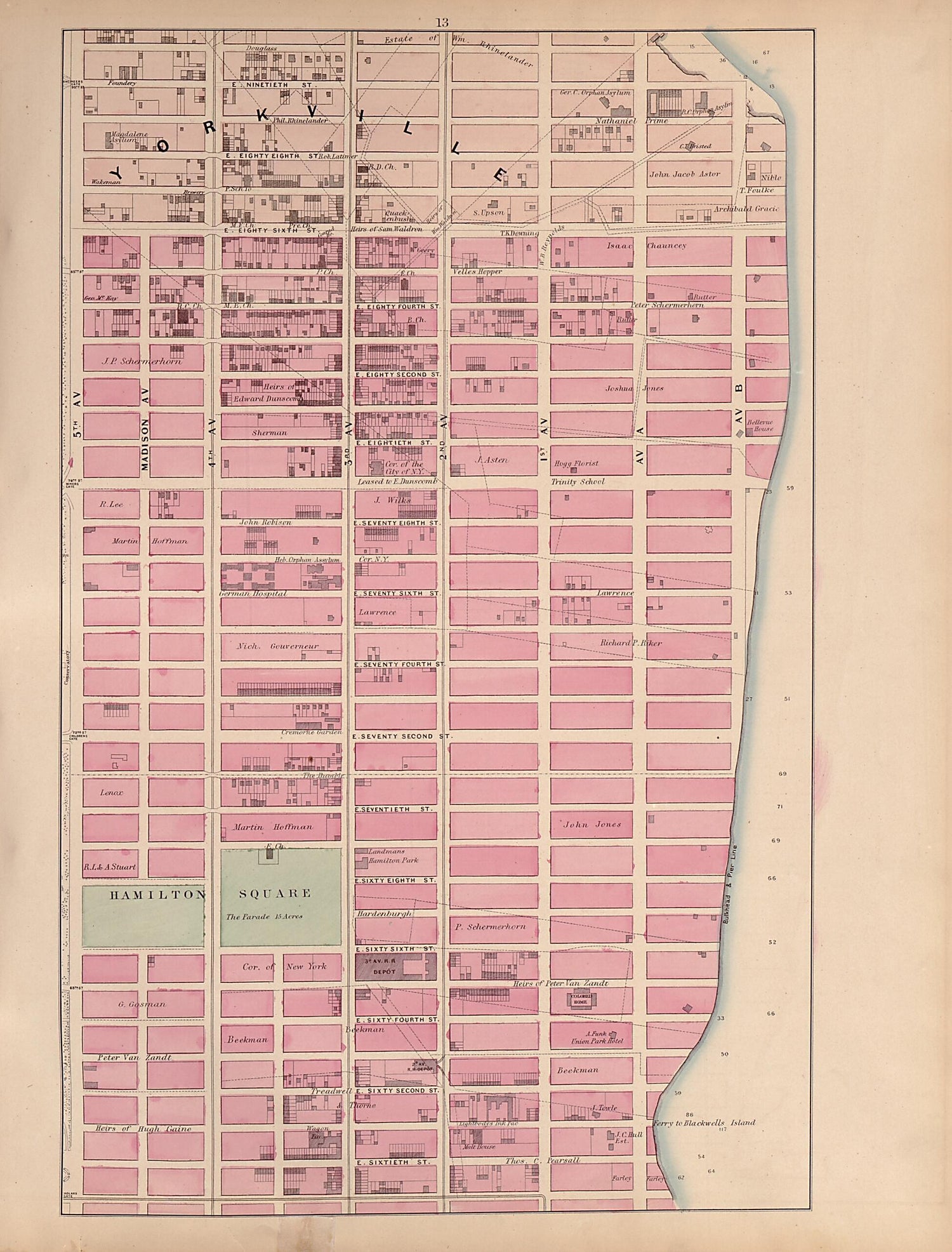 This old map of Plate 13 from Plan of New York City from the Battery to Spuyten Duyvil Creek from 1866 was created by John F. Harrison in 1866