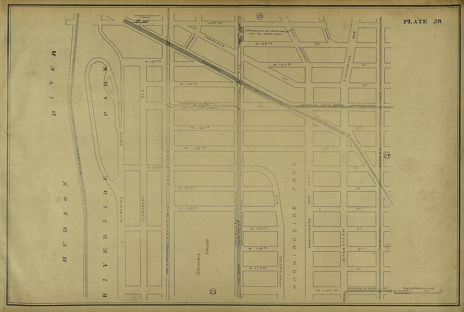 This old map of Plate 28 from Atlas of the City of New York Lying South of 166th St. Showing Surface Railroads from 1896 was created by  Metropolitan Street Railway Company. Maintenance of Way Department in 1896