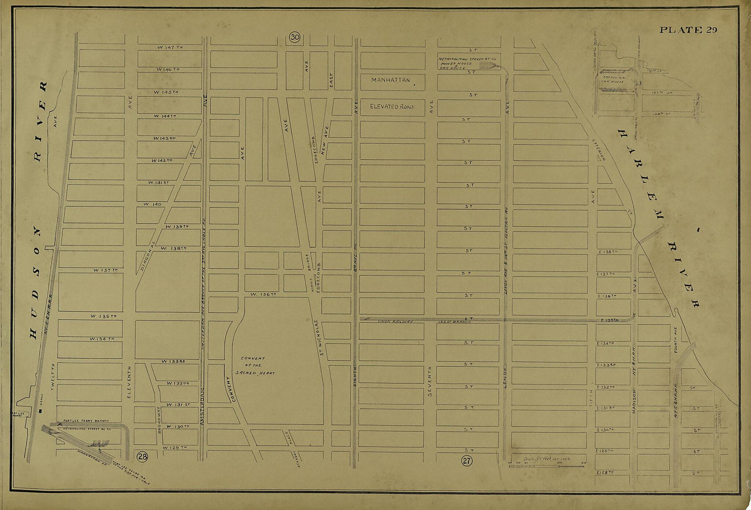 This old map of Plate 29 from Atlas of the City of New York Lying South of 166th St. Showing Surface Railroads from 1896 was created by  Metropolitan Street Railway Company. Maintenance of Way Department in 1896