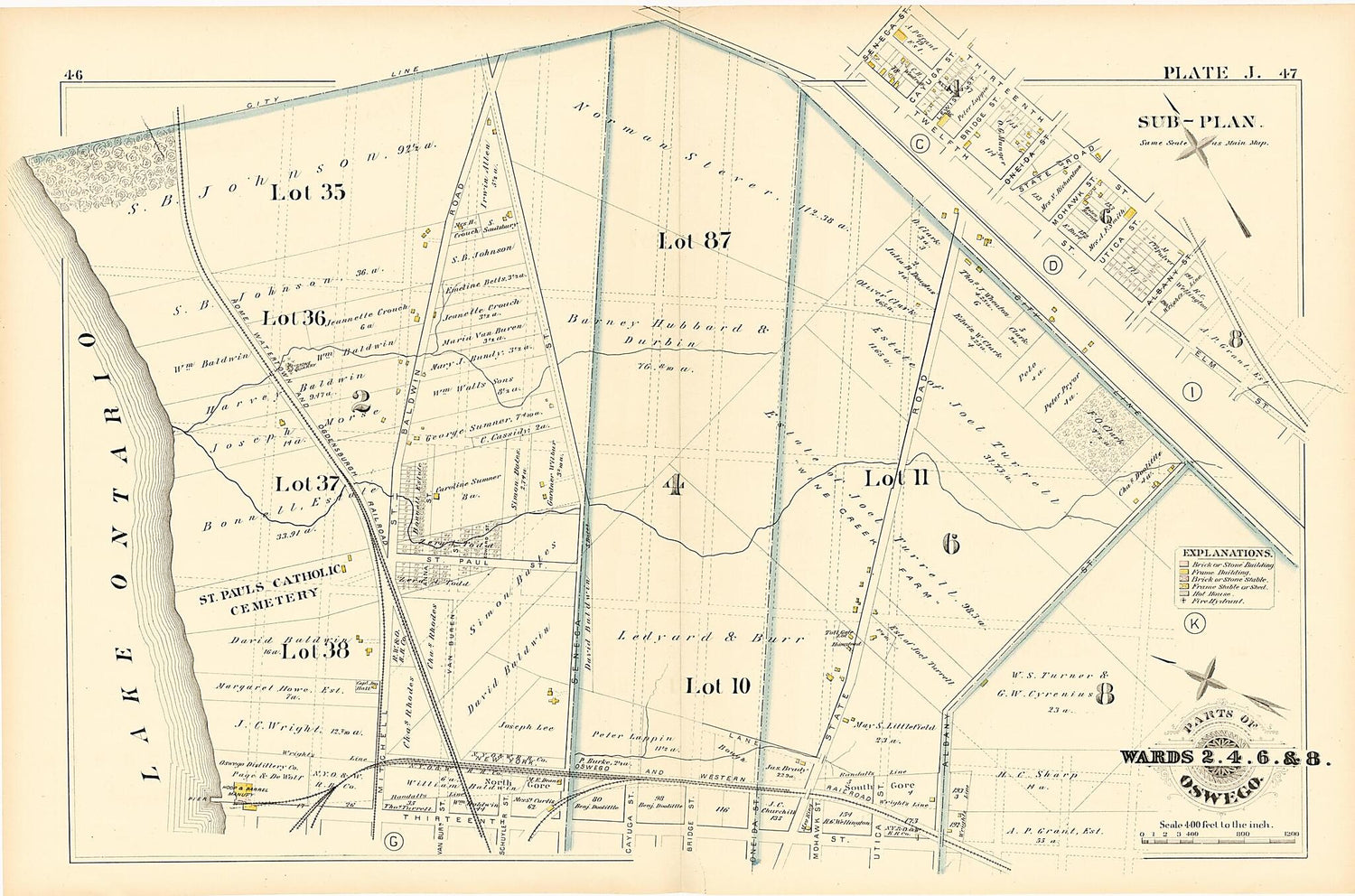 This old map of Parts of Wards 2. 4. 6. &amp; 8. Plate J. from Atlas of the City of Oswego N.Y. from 1880 was created by Griffith Morgan Hopkins in 1880