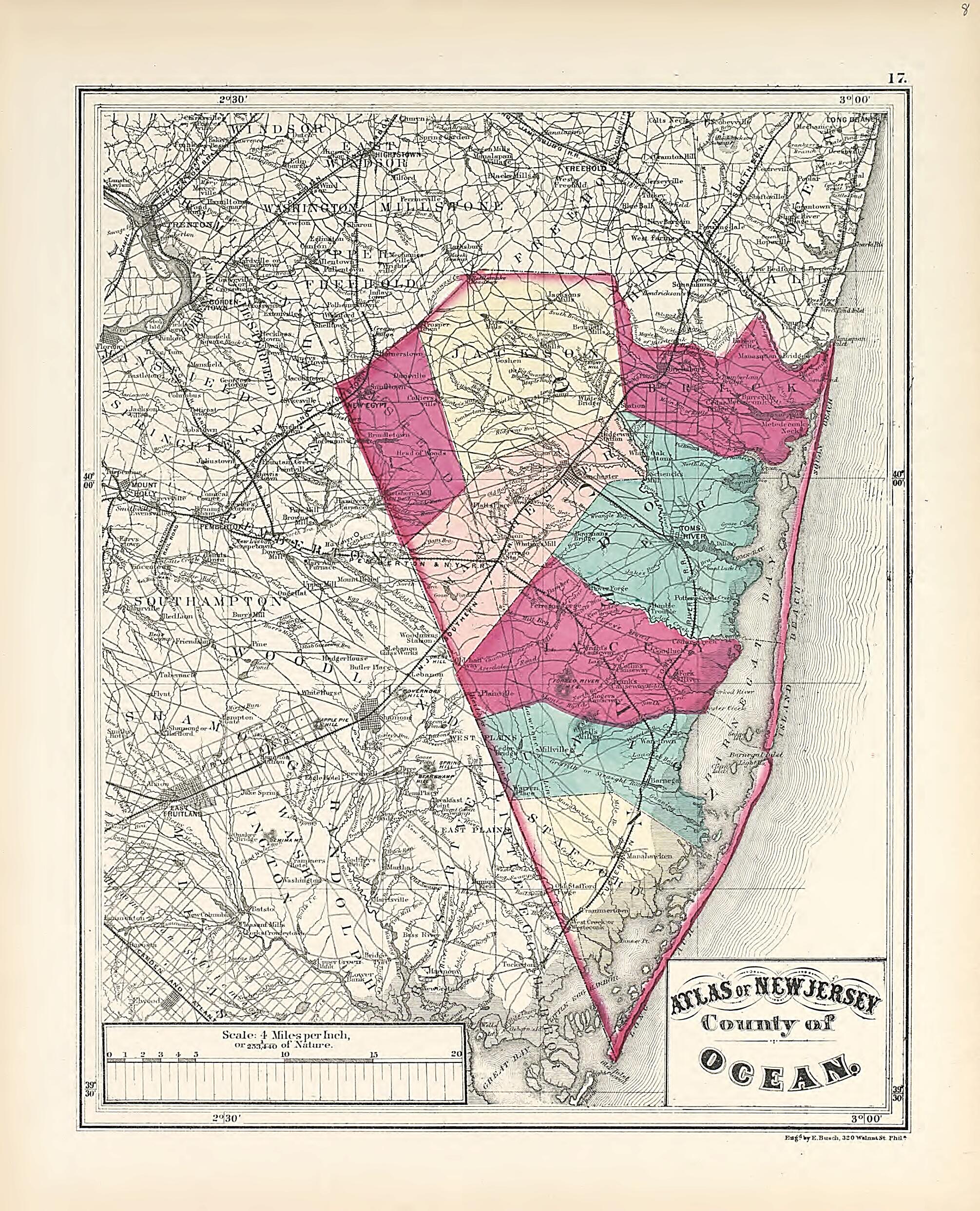 This old map of County of Ocean from Atlas of the Late Township of Greenville, and the State of New Jersey from 1873 was created by Griffith Morgan Hopkins in 1873