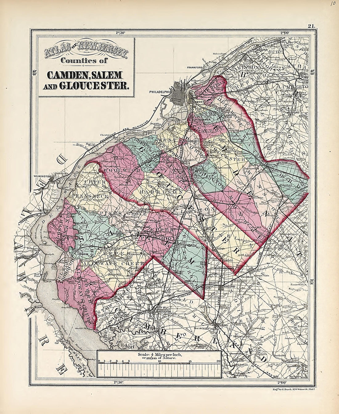 This old map of Counties of Camden, Salem and Gloucester from Atlas of the Late Township of Greenville, and the State of New Jersey from 1873 was created by Griffith Morgan Hopkins in 1873