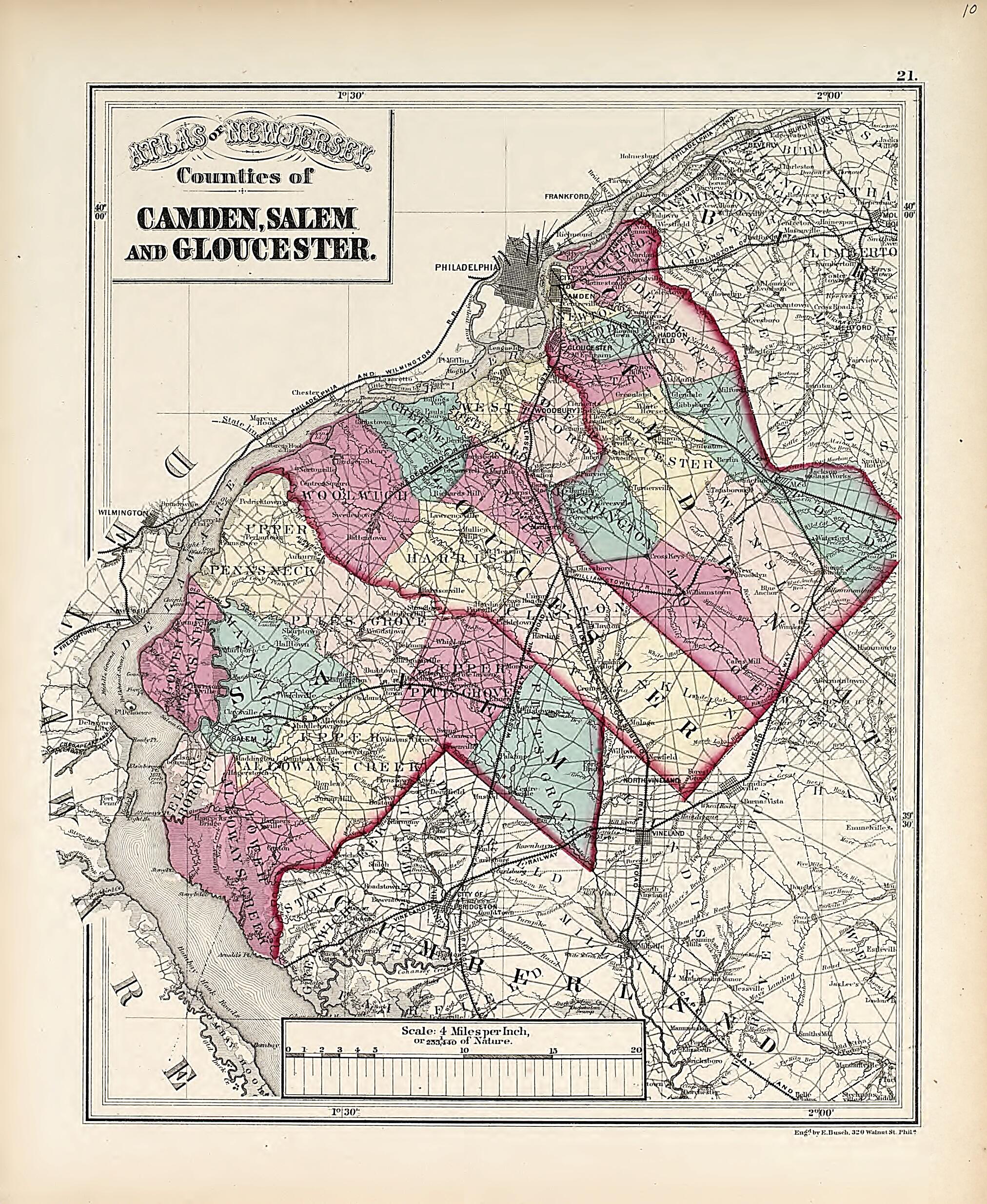 This old map of Counties of Camden, Salem and Gloucester from Atlas of the Late Township of Greenville, and the State of New Jersey from 1873 was created by Griffith Morgan Hopkins in 1873
