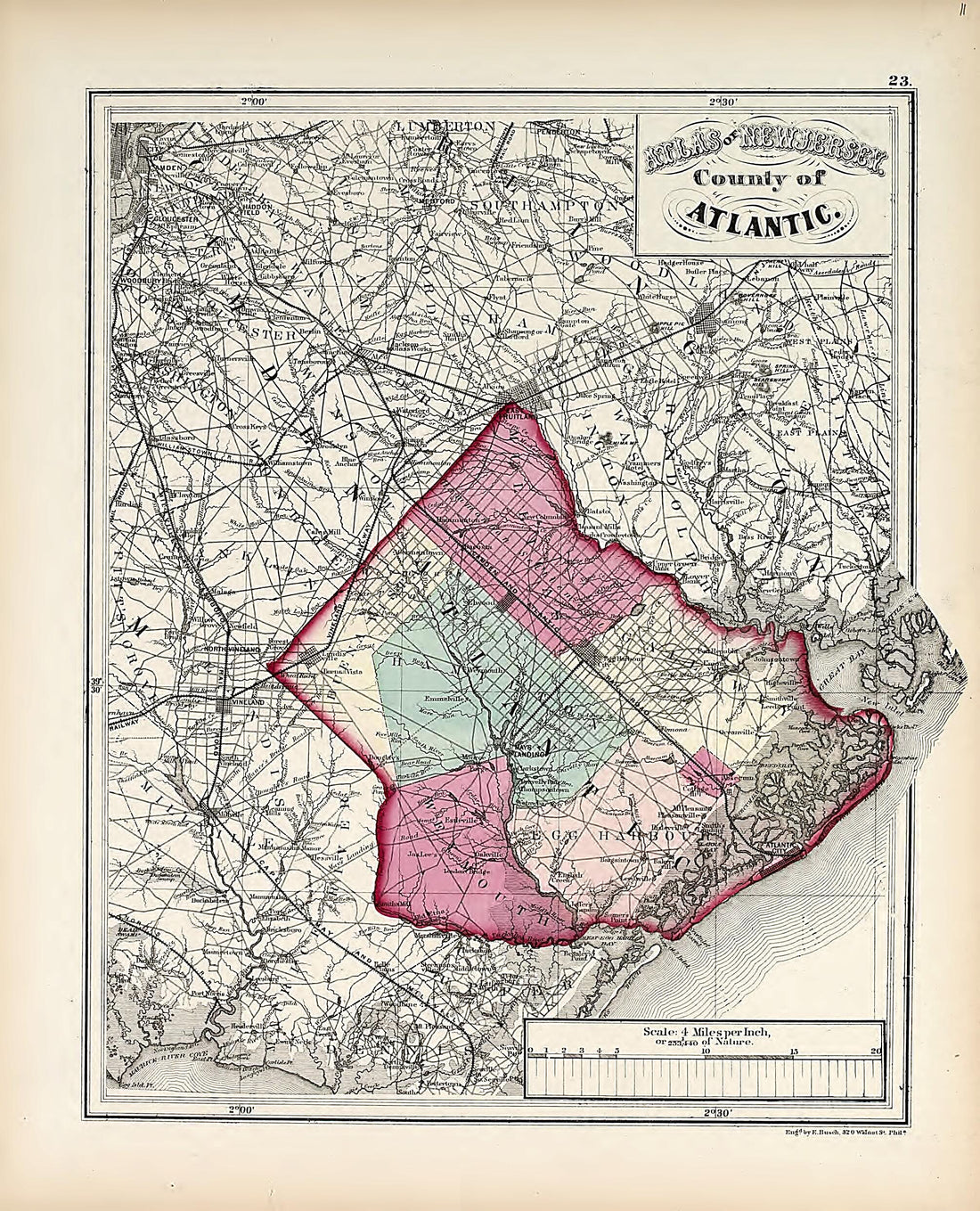 This old map of County of Atlantic from Atlas of the Late Township of Greenville, and the State of New Jersey from 1873 was created by Griffith Morgan Hopkins in 1873