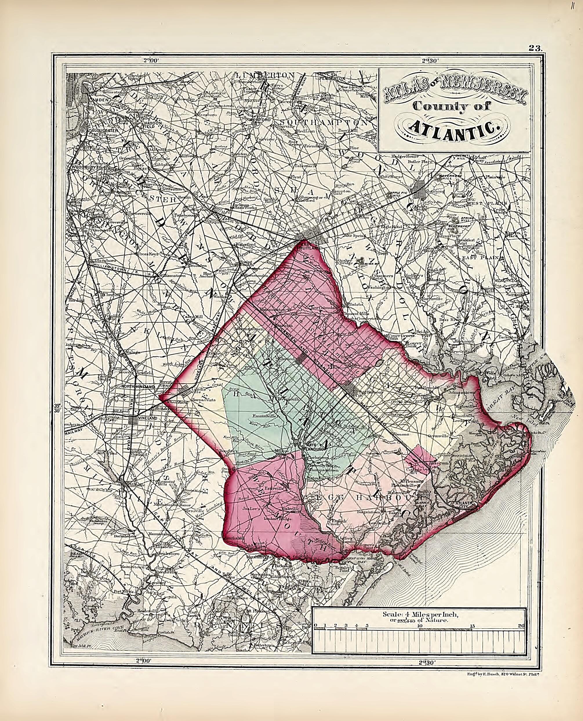 This old map of County of Atlantic from Atlas of the Late Township of Greenville, and the State of New Jersey from 1873 was created by Griffith Morgan Hopkins in 1873
