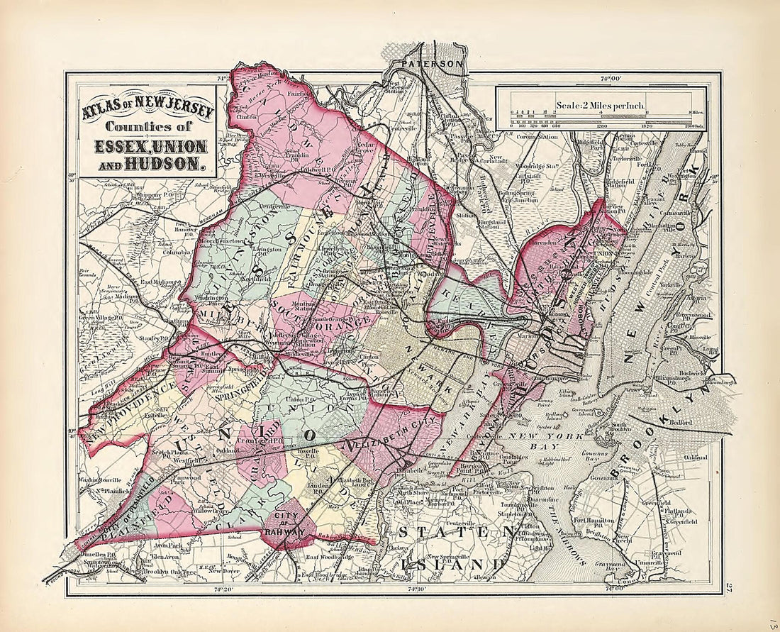 This old map of Counties Od Essex, Union and Hudson from Atlas of the Late Township of Greenville, and the State of New Jersey from 1873 was created by Griffith Morgan Hopkins in 1873