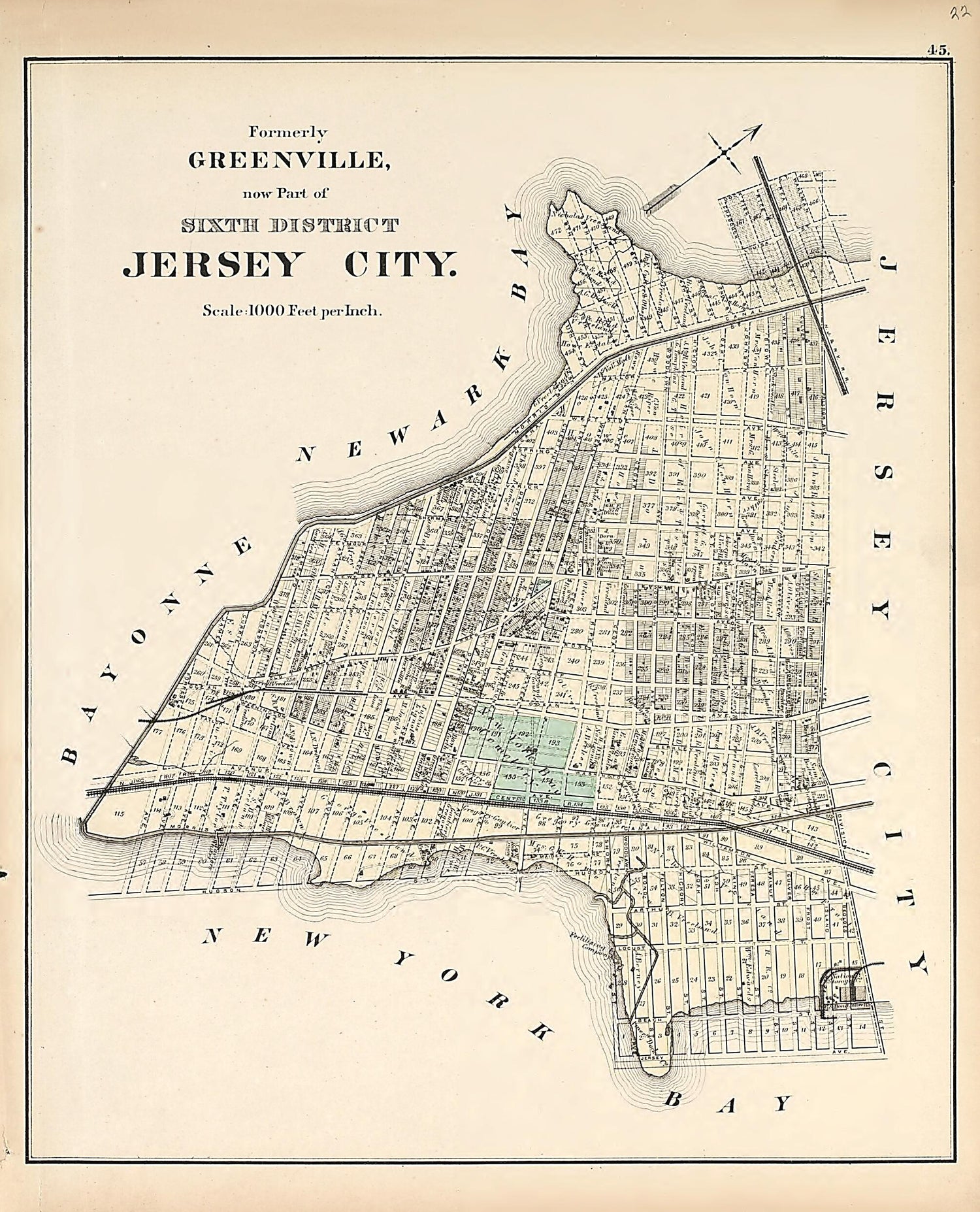 This old map of Jersey City from Atlas of the Late Township of Greenville, and the State of New Jersey from 1873 was created by Griffith Morgan Hopkins in 1873