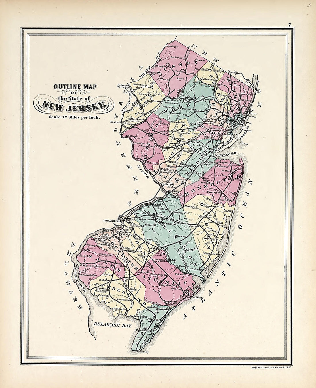 This old map of Outline Map of New Jersey from Atlas of the Late Township of Greenville, and the State of New Jersey from 1873 was created by Griffith Morgan Hopkins in 1873