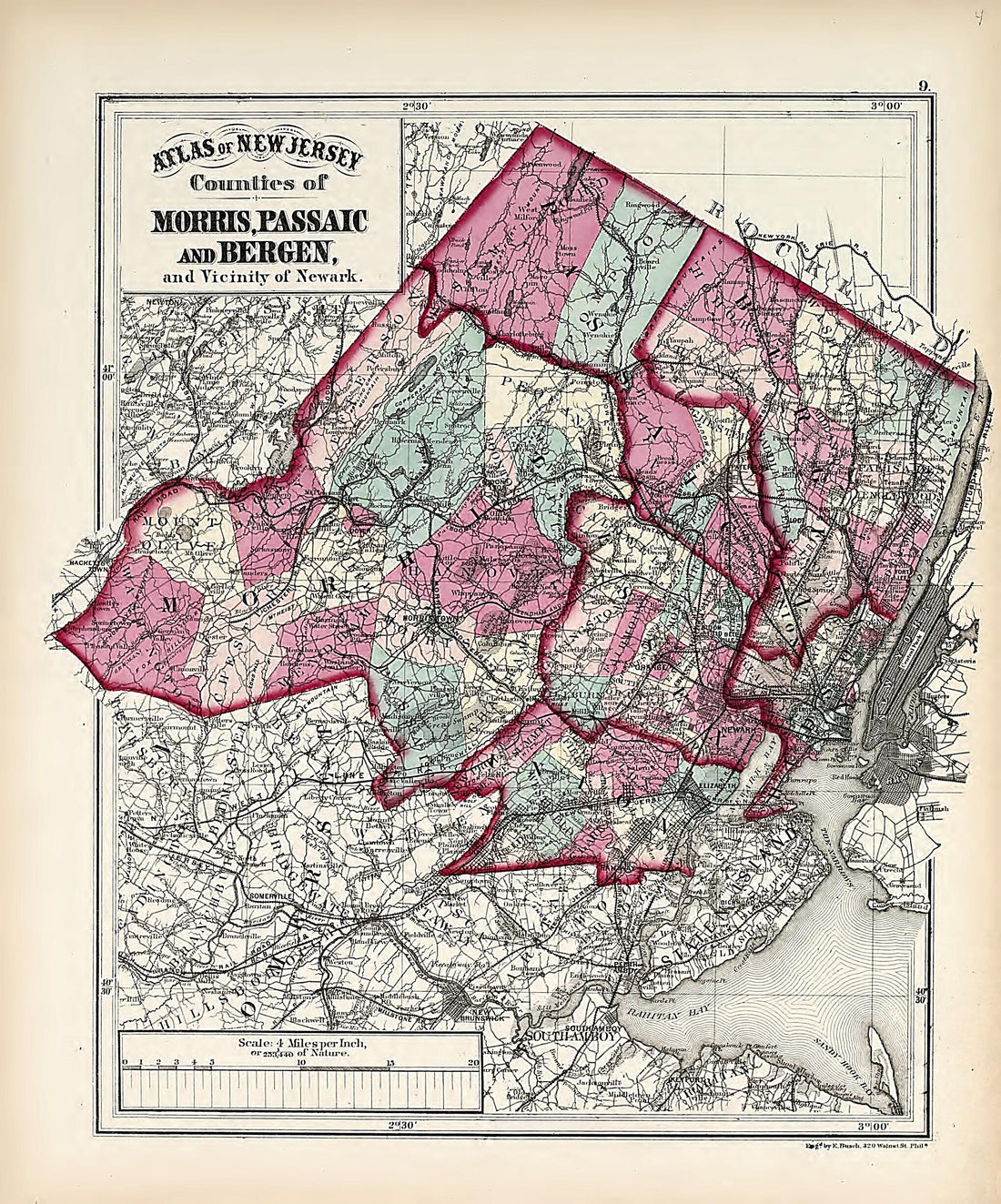 This old map of Counties of Morris, Passaic and Bergen and Vicinity of Newark from Atlas of the Late Township of Greenville, and the State of New Jersey from 1873 was created by Griffith Morgan Hopkins in 1873