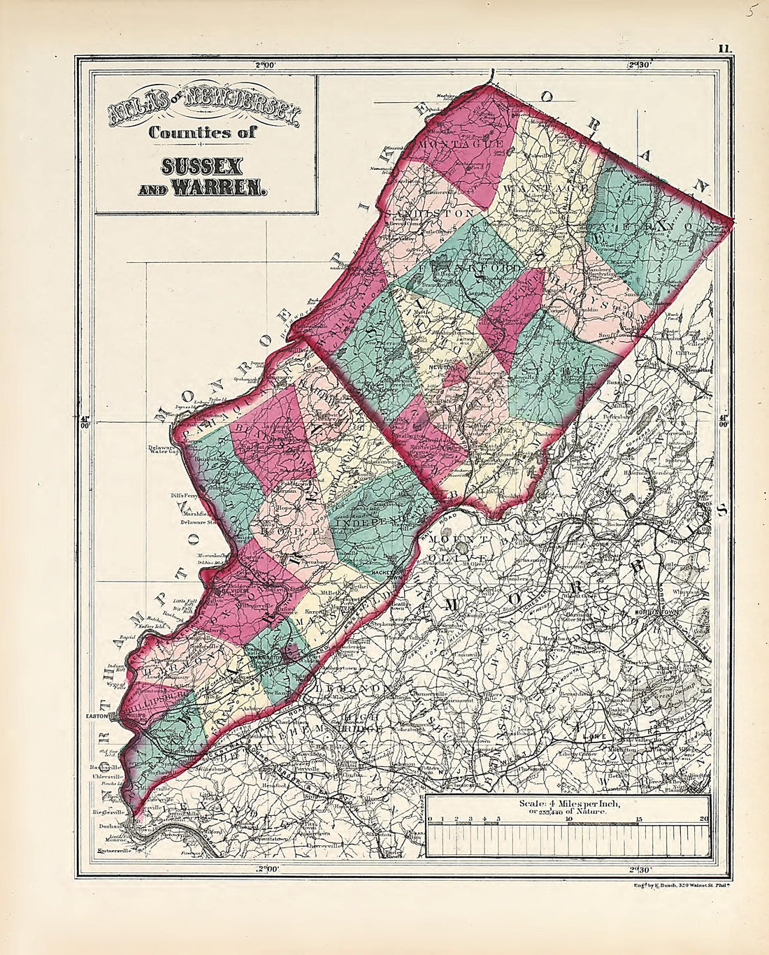 This old map of Counties of Sussex and Warren from Atlas of the Late Township of Greenville, and the State of New Jersey from 1873 was created by Griffith Morgan Hopkins in 1873