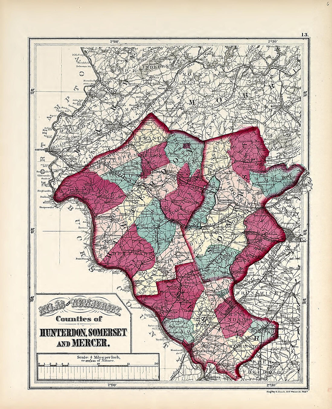 This old map of Counties of Hunterdon, Somerset and Mercer from Atlas of the Late Township of Greenville, and the State of New Jersey from 1873 was created by Griffith Morgan Hopkins in 1873