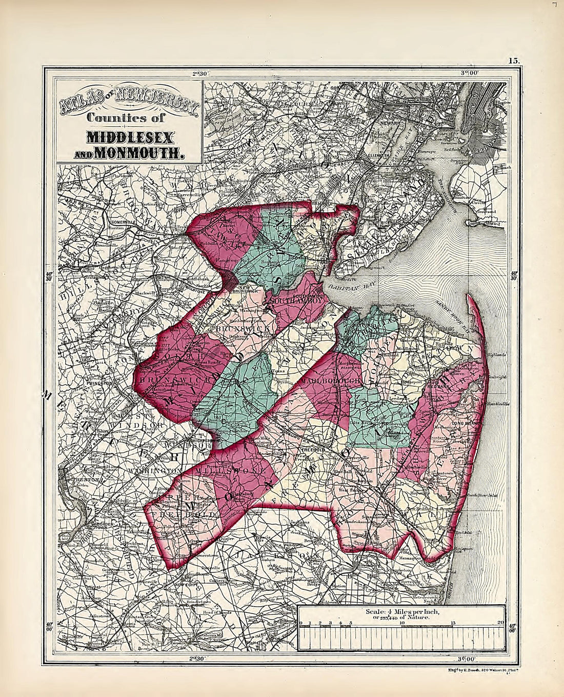 This old map of Counties of Middlesex and Monmouth from Atlas of the Late Township of Greenville, and the State of New Jersey from 1873 was created by Griffith Morgan Hopkins in 1873