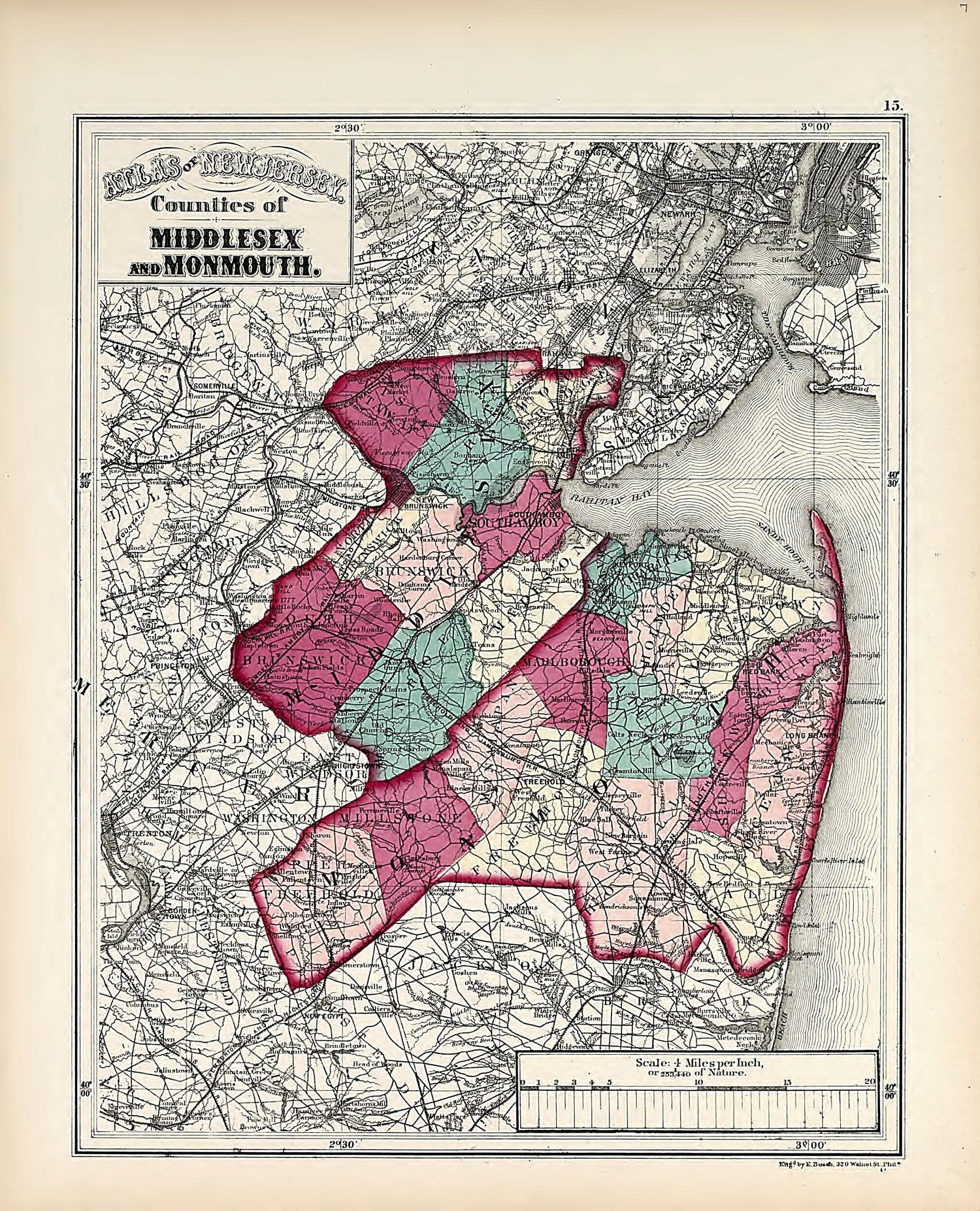 This old map of Counties of Middlesex and Monmouth from Atlas of the Late Township of Greenville, and the State of New Jersey from 1873 was created by Griffith Morgan Hopkins in 1873