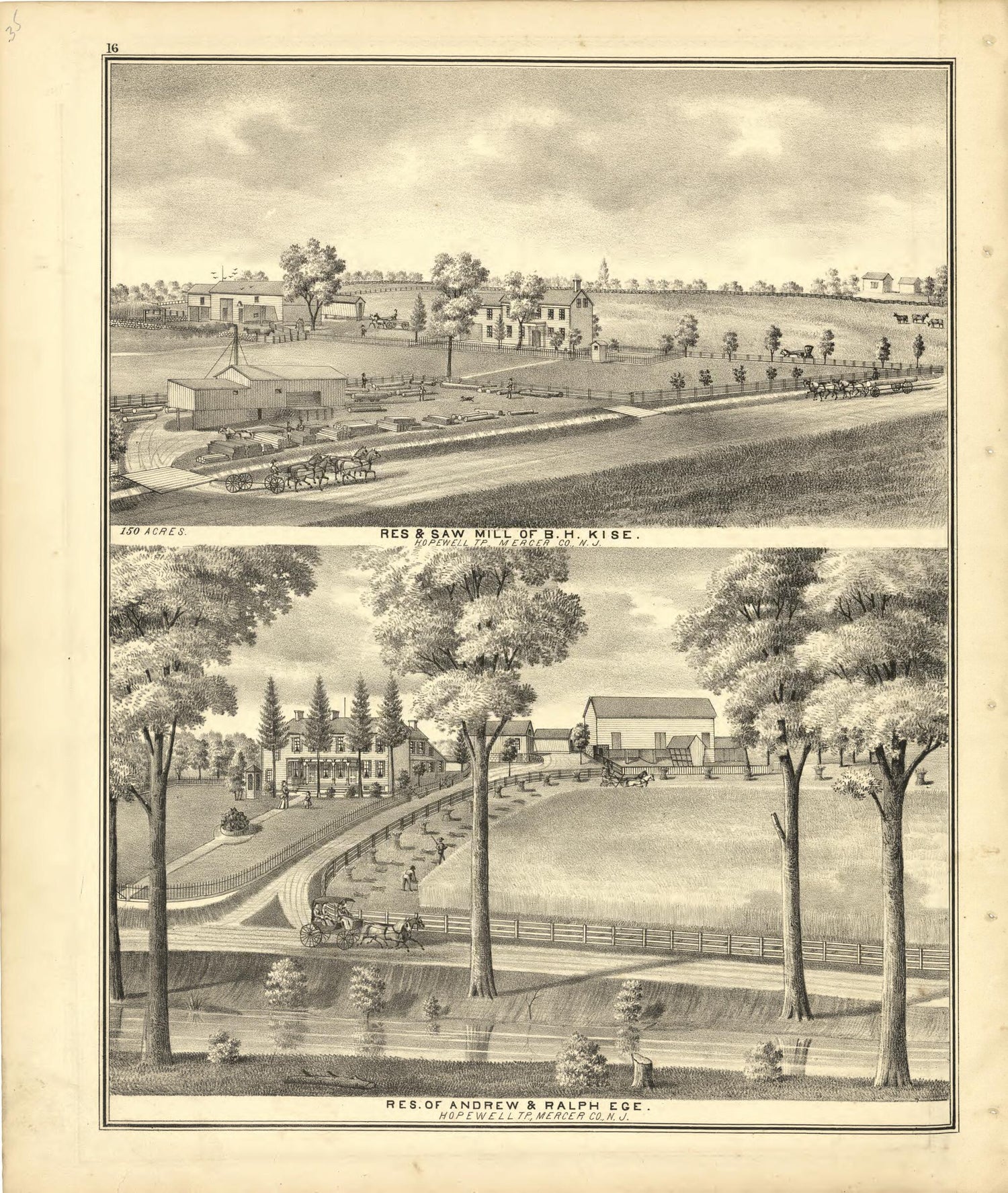 This old map of Res. &amp; Saw Mill of B. H. Kise and Res. of Andrew &amp; Ralph from New Historical Atlas of Mercer County, New Jersey : from 1875 was created by Thomas Hunter in 1875