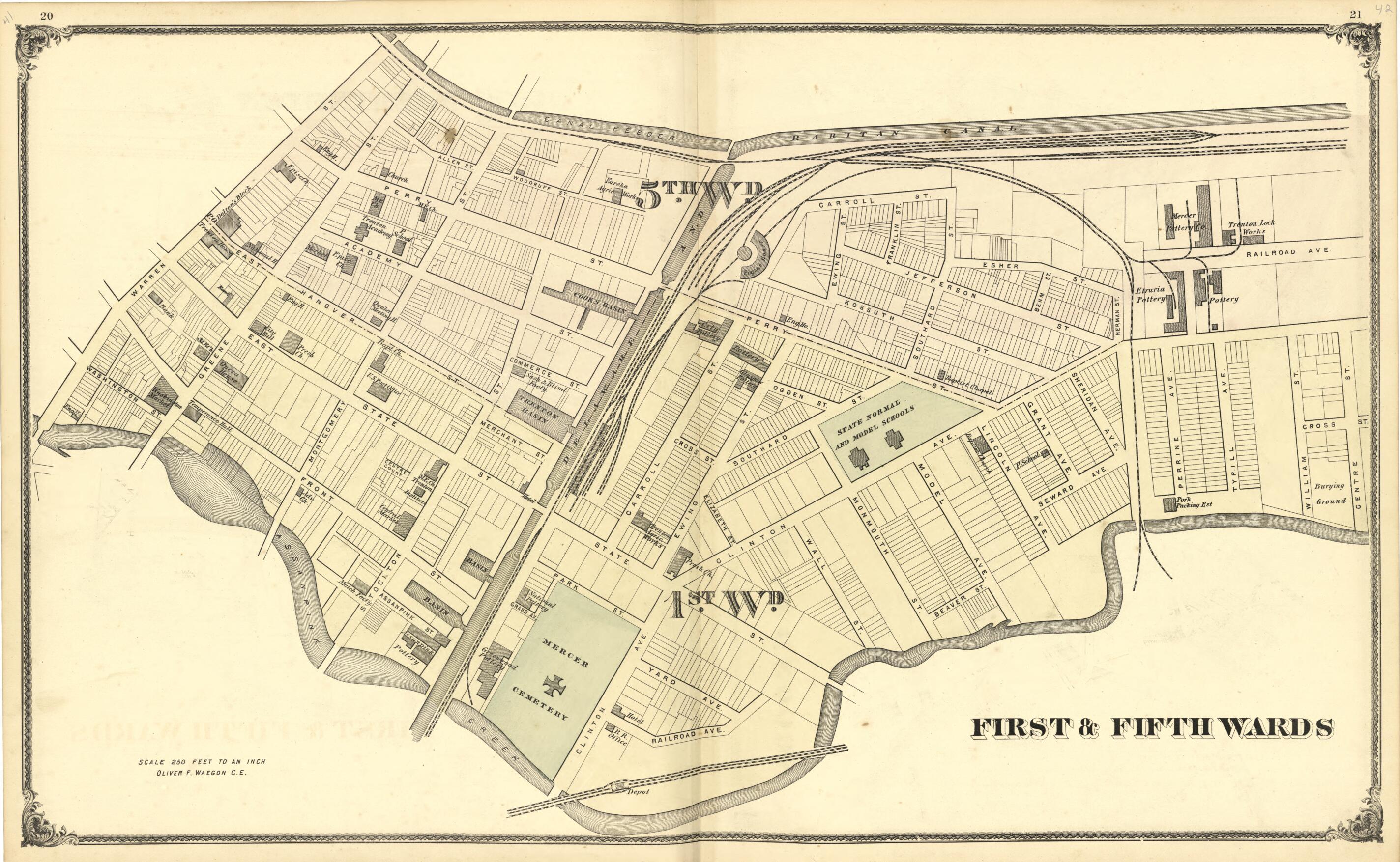 This old map of Map of First &amp; Fifth Wards from New Historical Atlas of Mercer County, New Jersey : from 1875 was created by Thomas Hunter in 1875