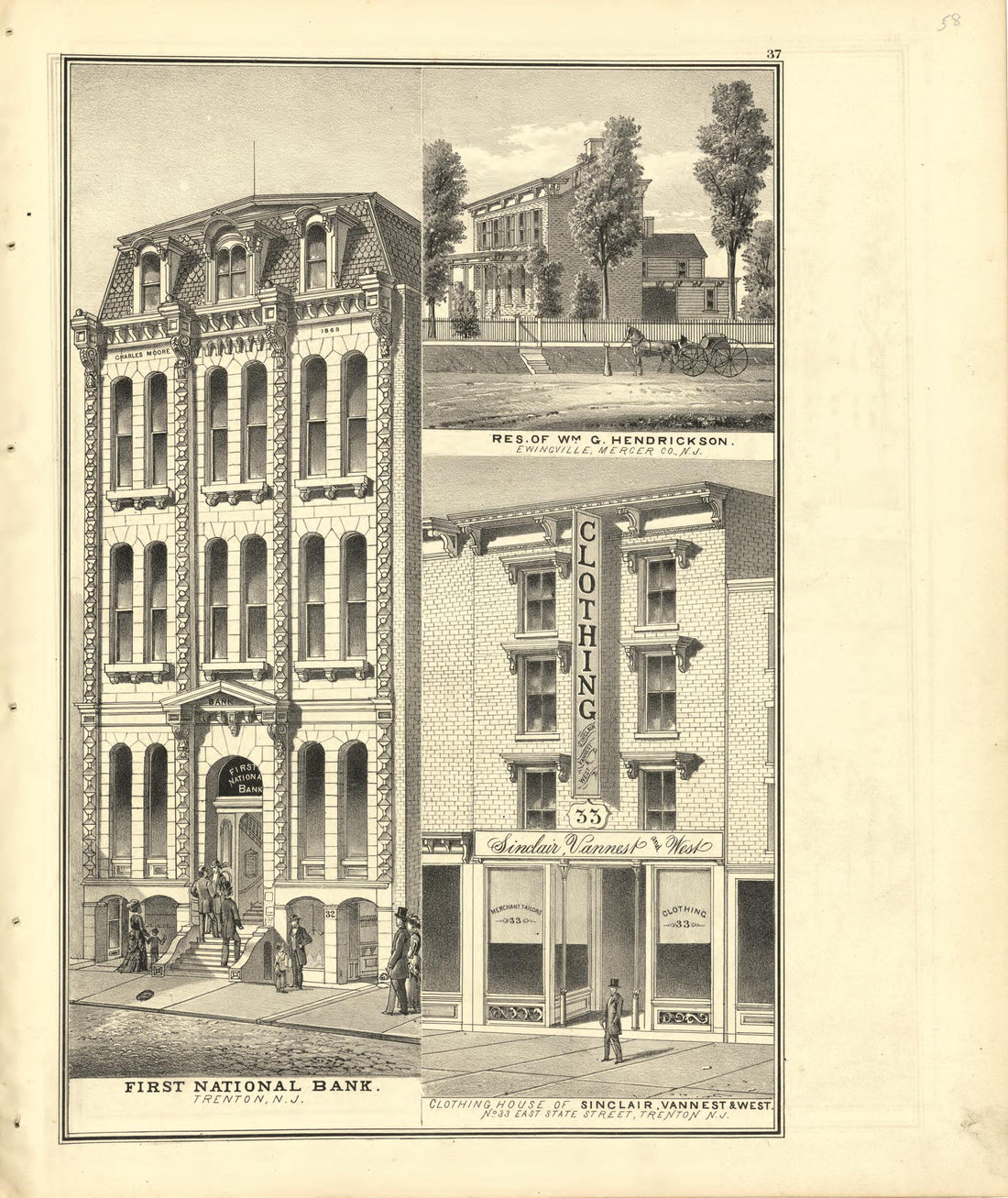 This old map of First National Bank; Res: Hendrickson; Clothing House of Sinclair Vannest &amp; West from New Historical Atlas of Mercer County, New Jersey : from 1875 was created by Thomas Hunter in 1875