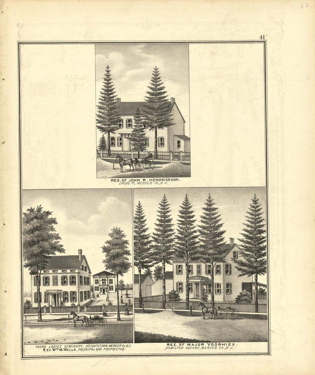 This old map of Res. of John R. Hendrickson, Young Ladies Seminary, &amp; Res. of Major Voorhies from New Historical Atlas of Mercer County, New Jersey : from 1875 was created by Thomas Hunter in 1875