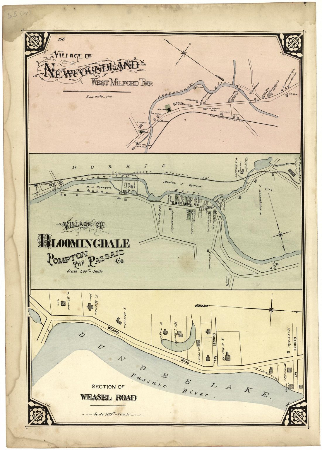 This old map of Village of Newfoundland; Village of Bloomingdale; Section of Weasel Road from Atlas of Passaic County, New Jersey from 1877 was created by  E.B. Hyde &amp; Co in 1877