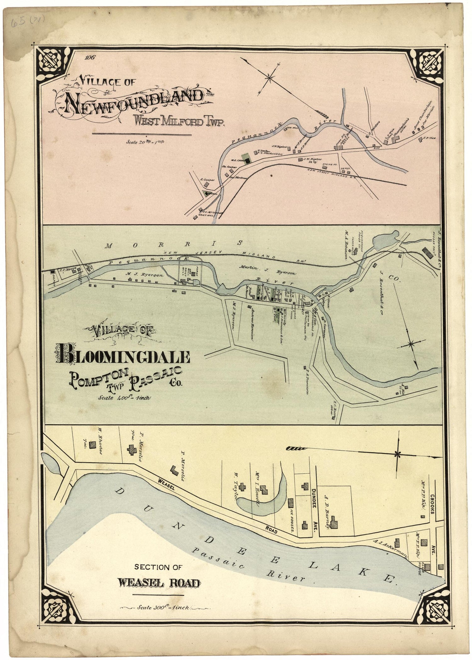 This old map of Village of Newfoundland; Village of Bloomingdale; Section of Weasel Road from Atlas of Passaic County, New Jersey from 1877 was created by  E.B. Hyde &amp; Co in 1877