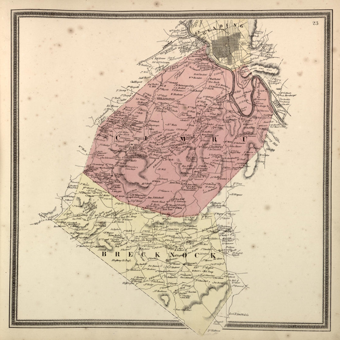 This old map of Brecknock and Cumru Townships from Berks County from 1862 was created by L. Fagan in 1862