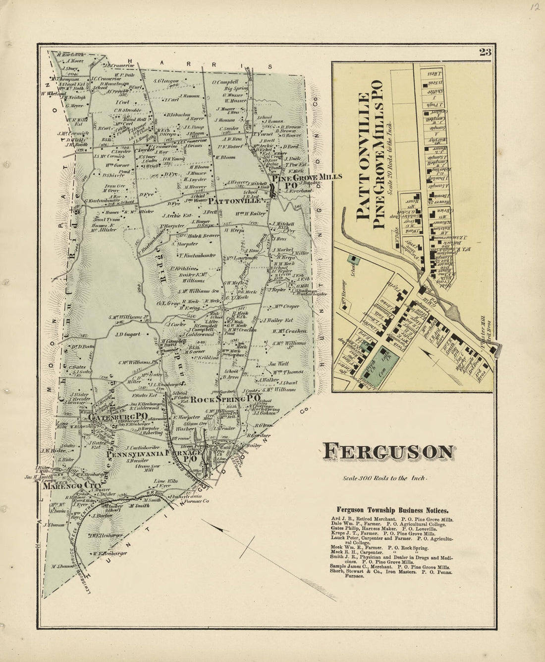 This old map of Ferguson; Pattonville from Atlas of Centre County, Pennsylvania from 1874 was created by Beach Nichols in 1874