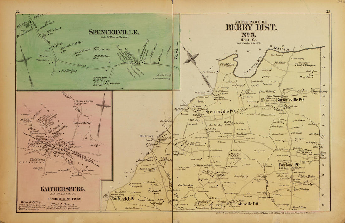 This old map of N. Part of Berry Dist. No. 5, Spencerville, Gaithersburg from Atlas of Fifteen Miles Around Washington, Including the County of Montgomery, Maryland from 1879 was created by Griffith Morgan Hopkins in 1879
