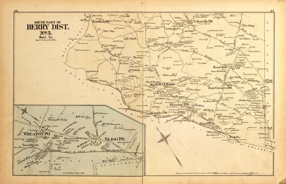 This old map of S. Part of Berry Dist. No. 5 from Atlas of Fifteen Miles Around Washington, Including the County of Montgomery, Maryland from 1879 was created by Griffith Morgan Hopkins in 1879