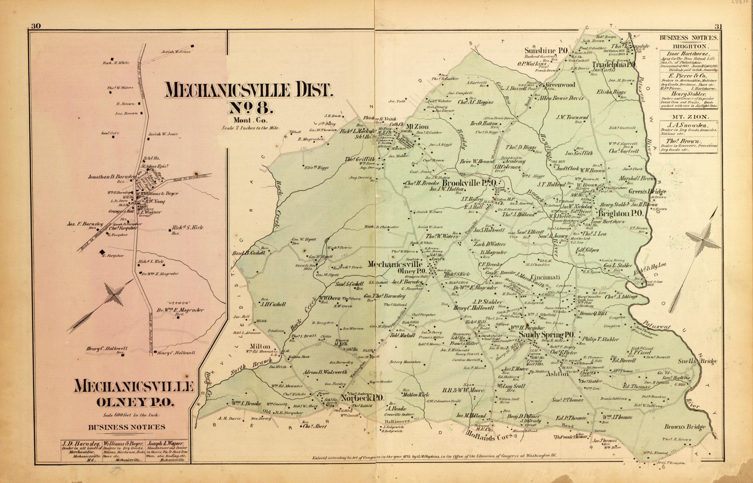 This old map of Mechanicsville Dist. No. 8 from Atlas of Fifteen Miles Around Washington, Including the County of Montgomery, Maryland from 1879 was created by Griffith Morgan Hopkins in 1879