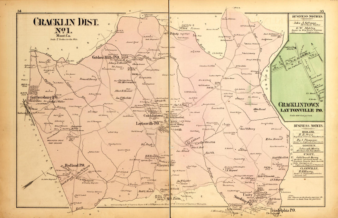 This old map of Cracklin Dist. No. 1 from Atlas of Fifteen Miles Around Washington, Including the County of Montgomery, Maryland from 1879 was created by Griffith Morgan Hopkins in 1879