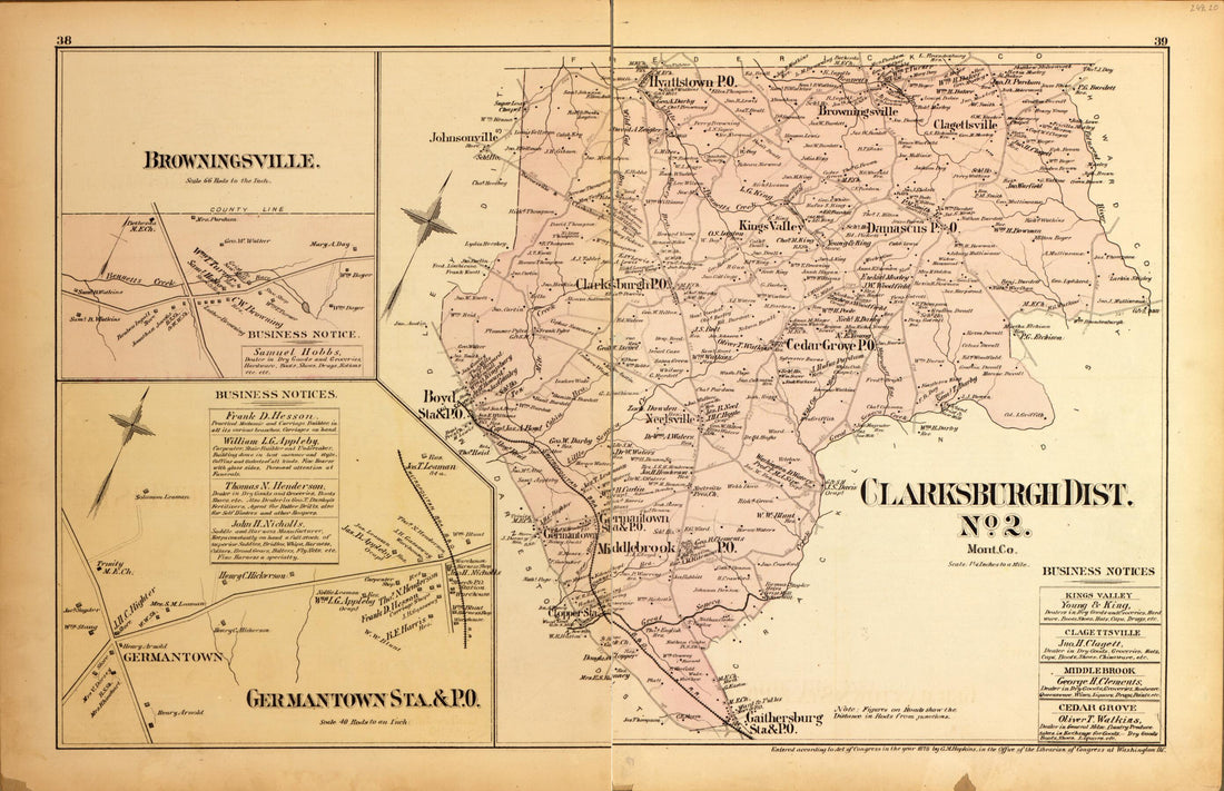 This old map of Clarksburgh Dist. No. 2, Browningsville, Germantown Sta. &amp; P.O. from Atlas of Fifteen Miles Around Washington, Including the County of Montgomery, Maryland from 1879 was created by Griffith Morgan Hopkins in 1879