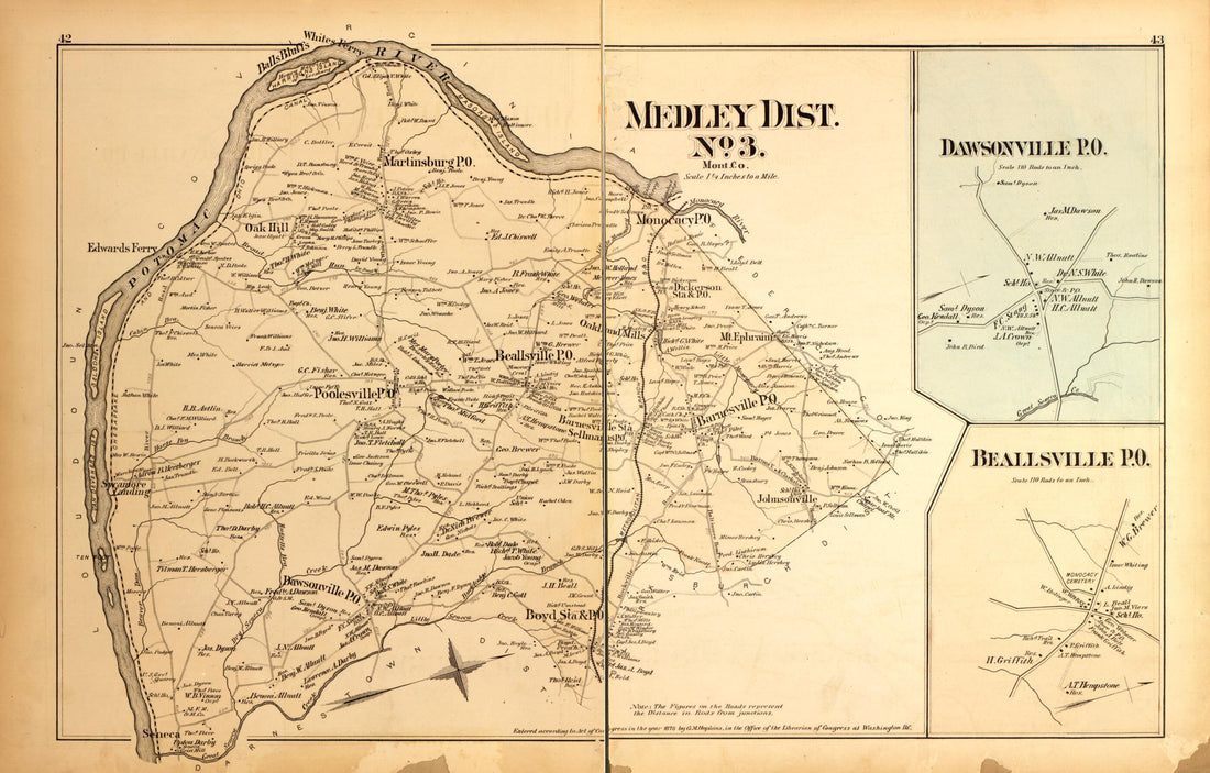 This old map of Medley Dist. No. 3, Dawsonville P.O., Beallsville P.O. from Atlas of Fifteen Miles Around Washington, Including the County of Montgomery, Maryland from 1879 was created by Griffith Morgan Hopkins in 1879