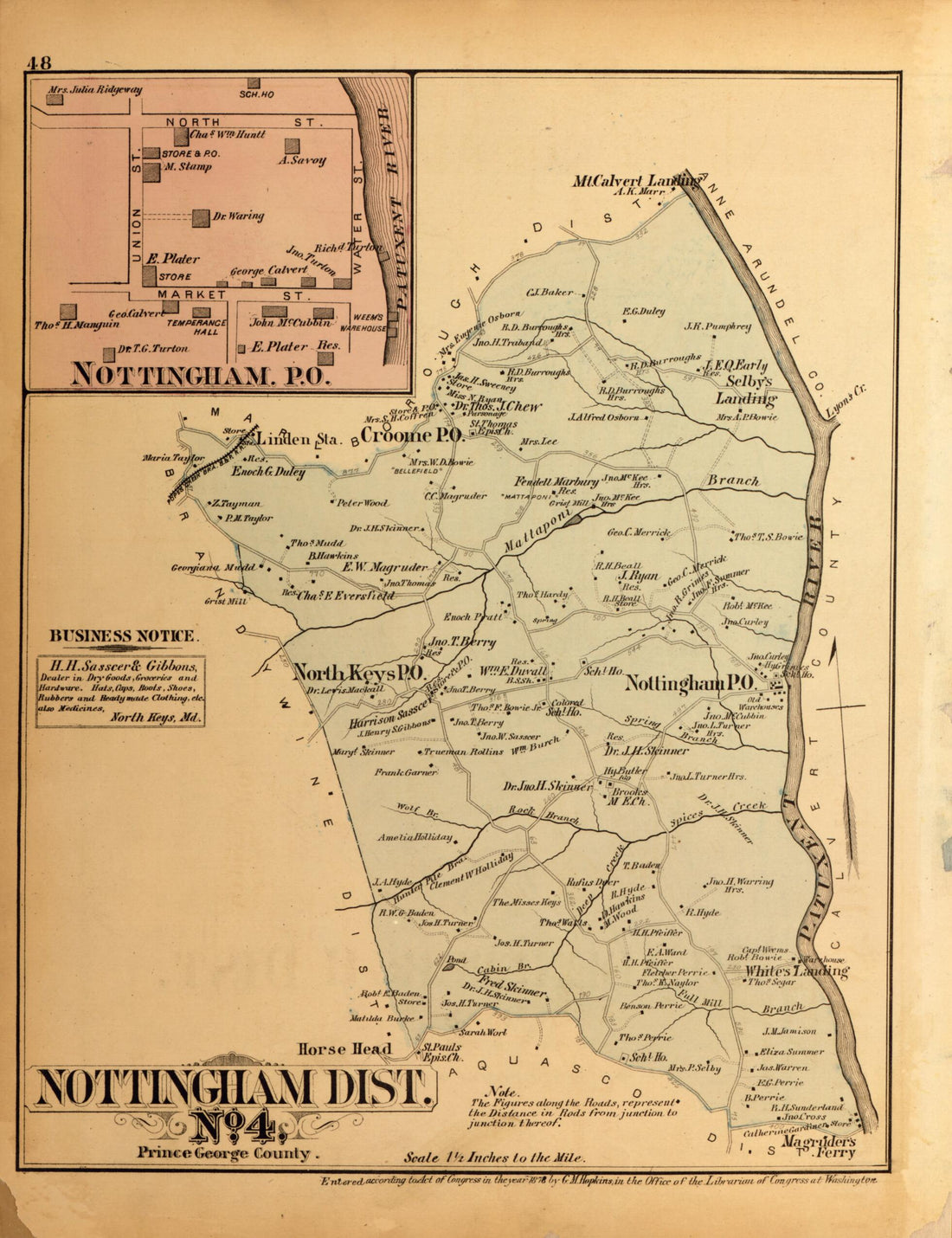 This old map of Nottingham Dist. No. 4 from Atlas of Fifteen Miles Around Washington, Including the County of Montgomery, Maryland from 1879 was created by Griffith Morgan Hopkins in 1879